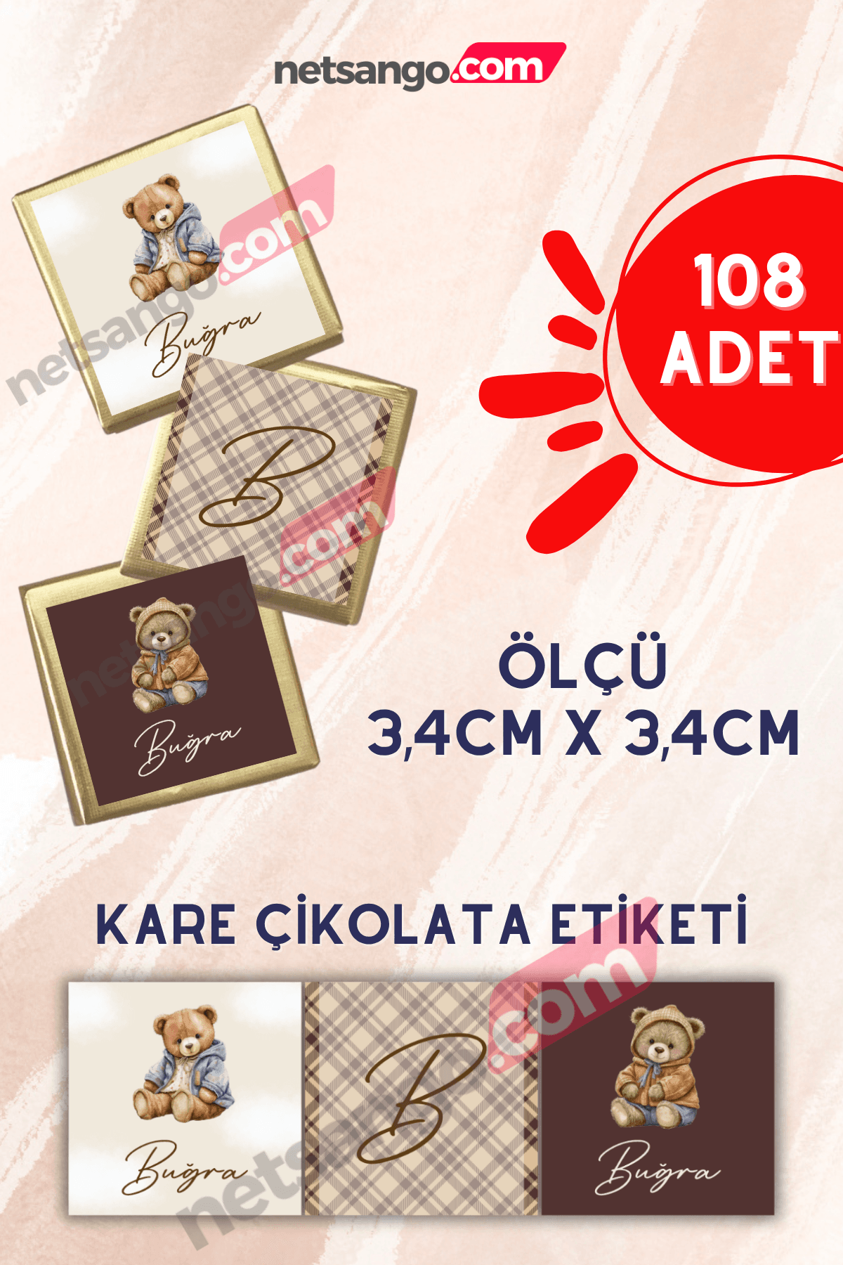 İsme Özel 108 Adet Kare Bebek Çikolata Etiketi Ayıcık Ekose Kahverengi Krem Bej