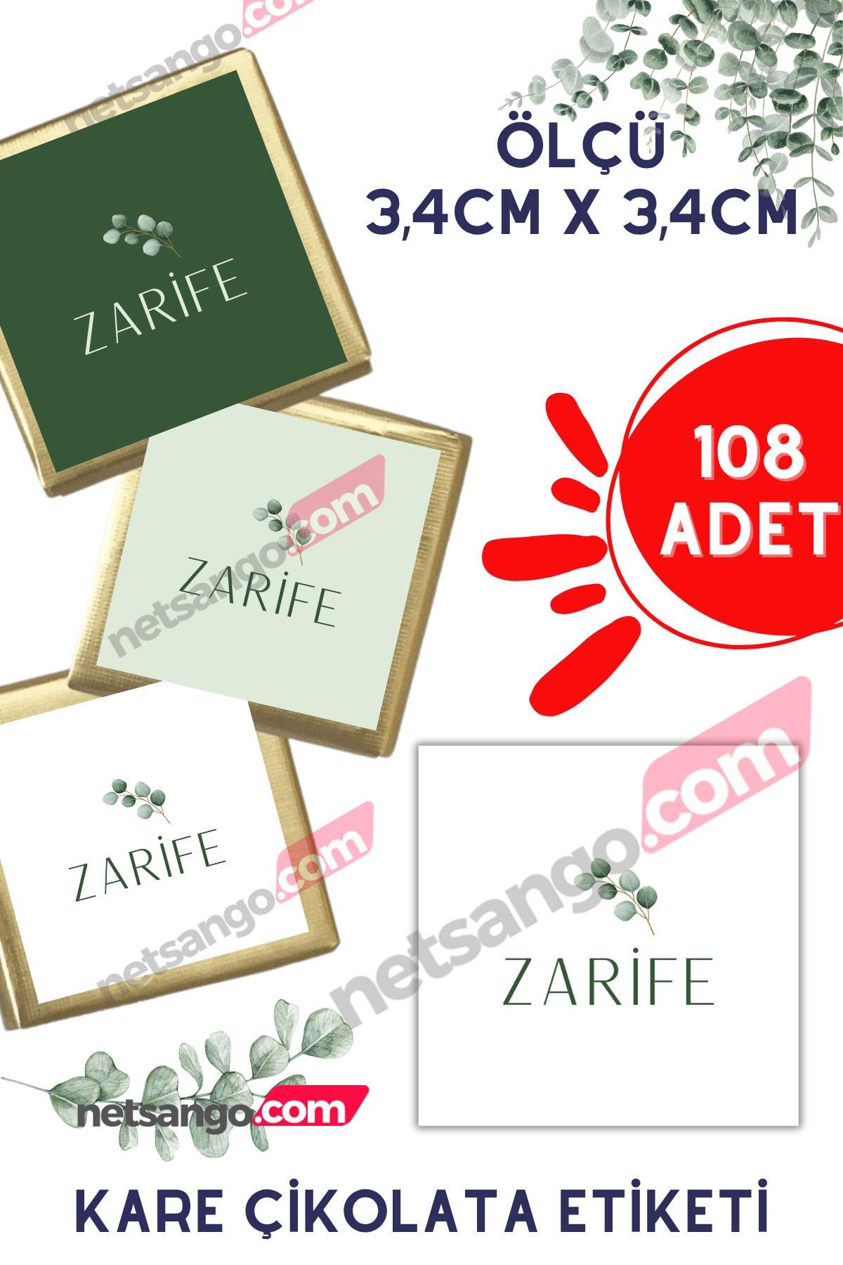 İsme Özel Kız Bebek Etiketi Kare 108 Adet Yeşil Doğa
