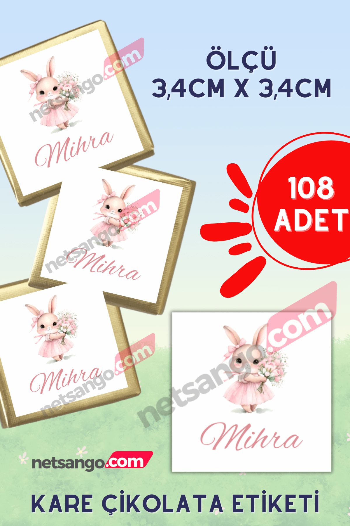 108 Adet Kare Madlen Çikolata Etiketi İsme Özel Tavşan Pembe Madlen Çikolata Kız Bebek
