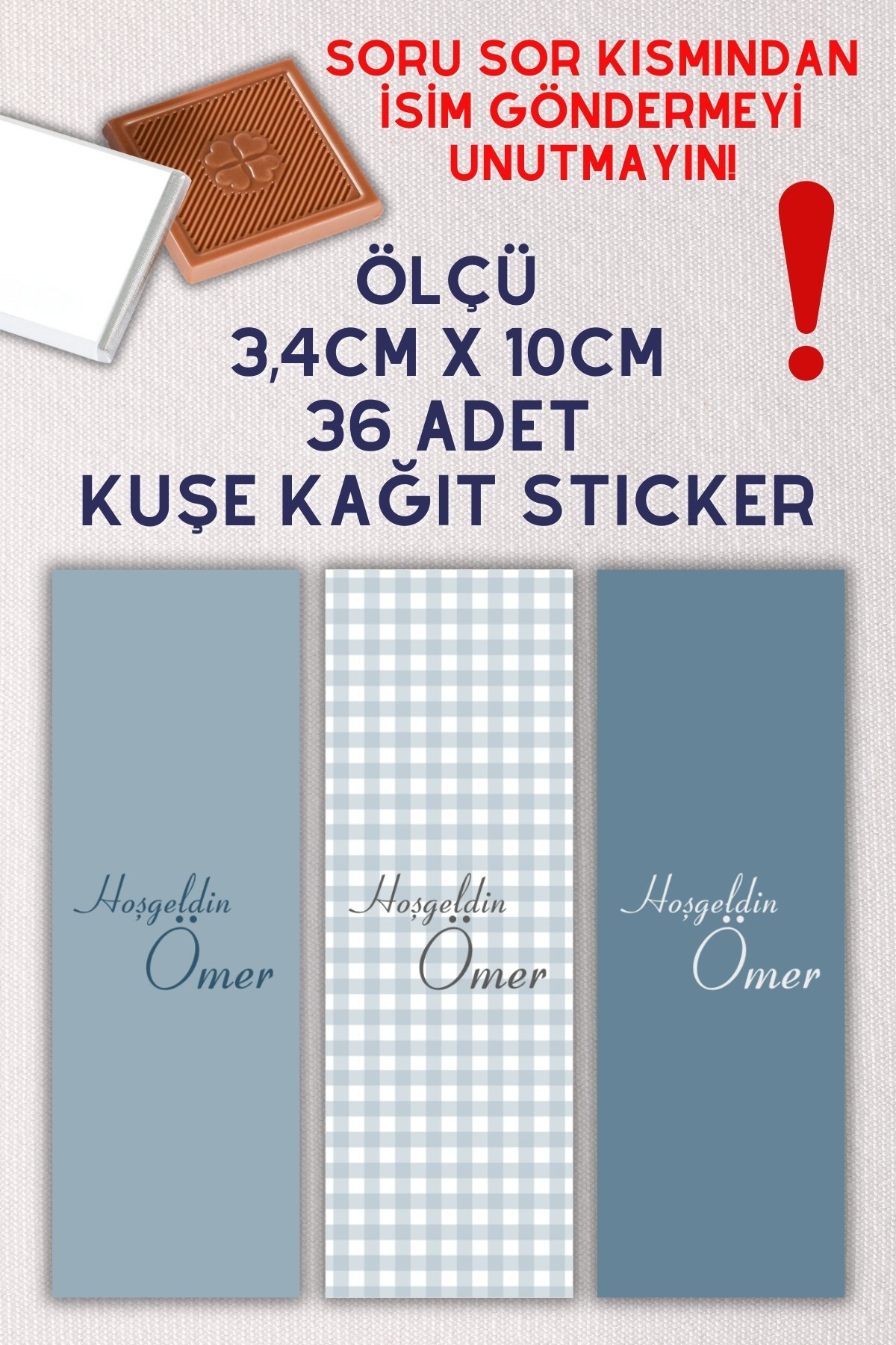 Özel İsimli Mavi 3lü Set 36 Adet Çikolata Etiketi Yapışkanlı 3,4 X 10cm Kuşe Sticker Ekose Desen