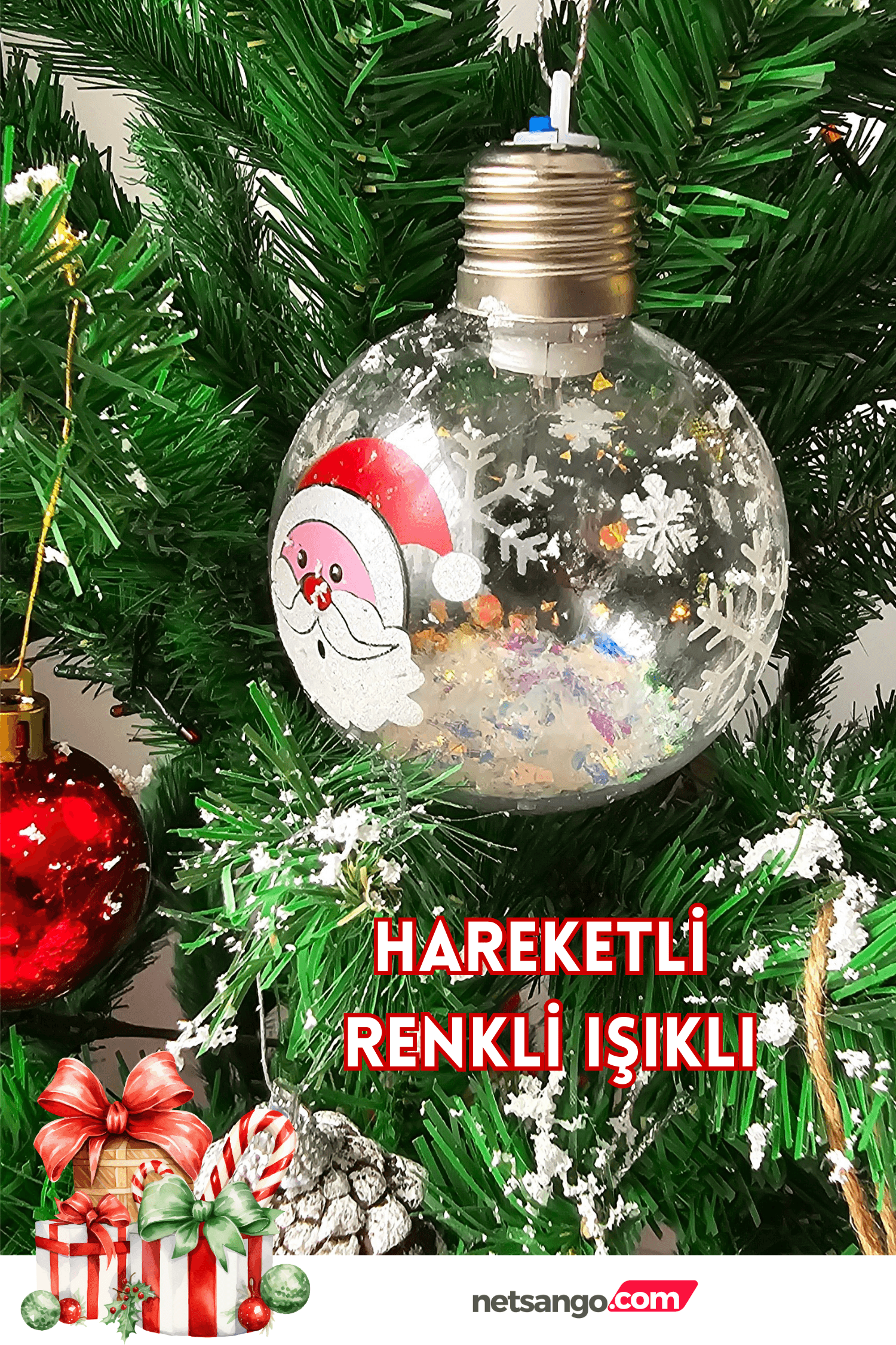 Renkli Işıklı Noel Baba Çam Ağacı Süsü Şeffaf Mika Top 8 cm 1 adet - Işıklı