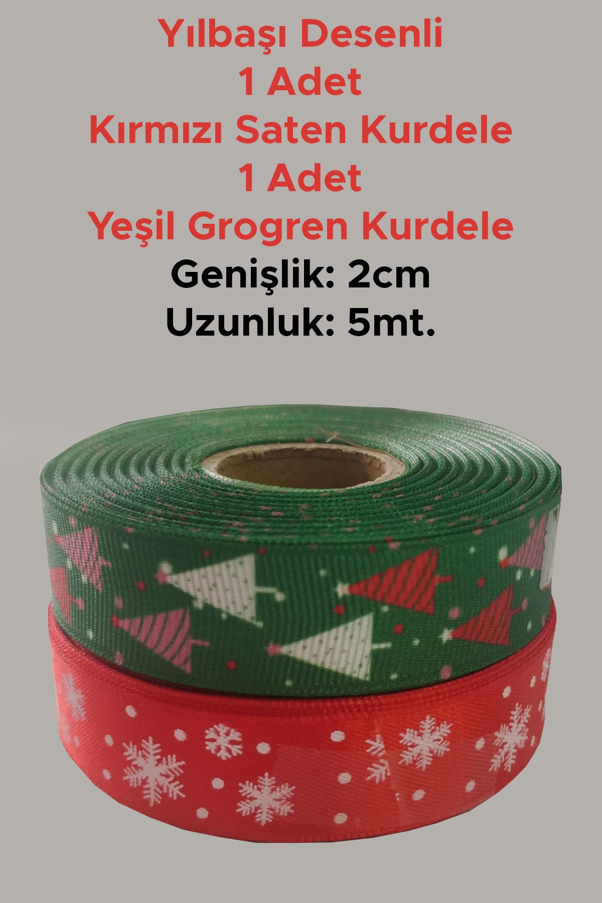 2CM X 5MT YILBAŞI DESENLİ KIRMIZI SATEN KURDELE + YEŞİL GROGREN KURDELE