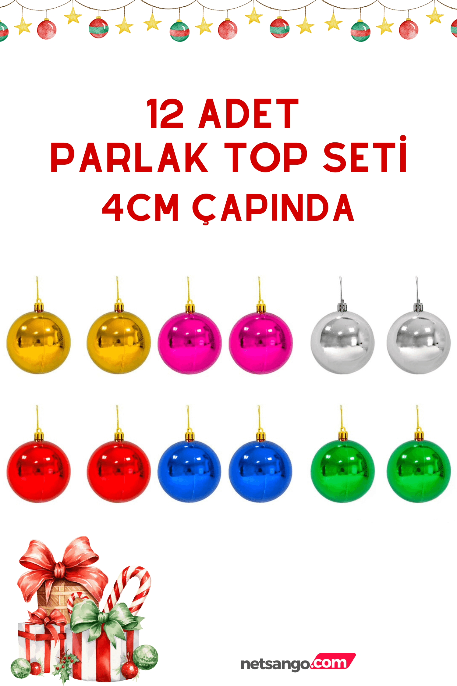 12 Adet Parlak Yılbaşı Ağacı Topu 6 Renk 4cm Ölçü