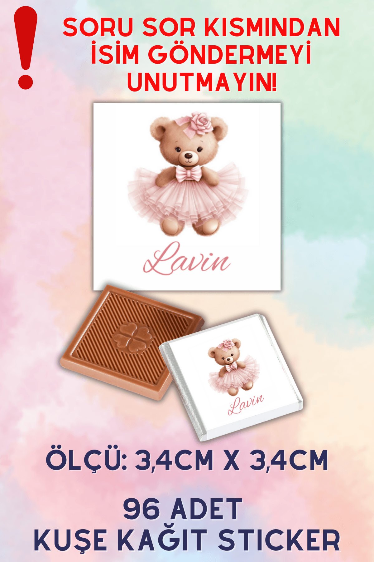 Özel İsimli 96 Adet Çikolata Etiketi Yapışkanlı 3,4 X 3,4cm Kuşe Sticker Balerin Ayıcık Desen