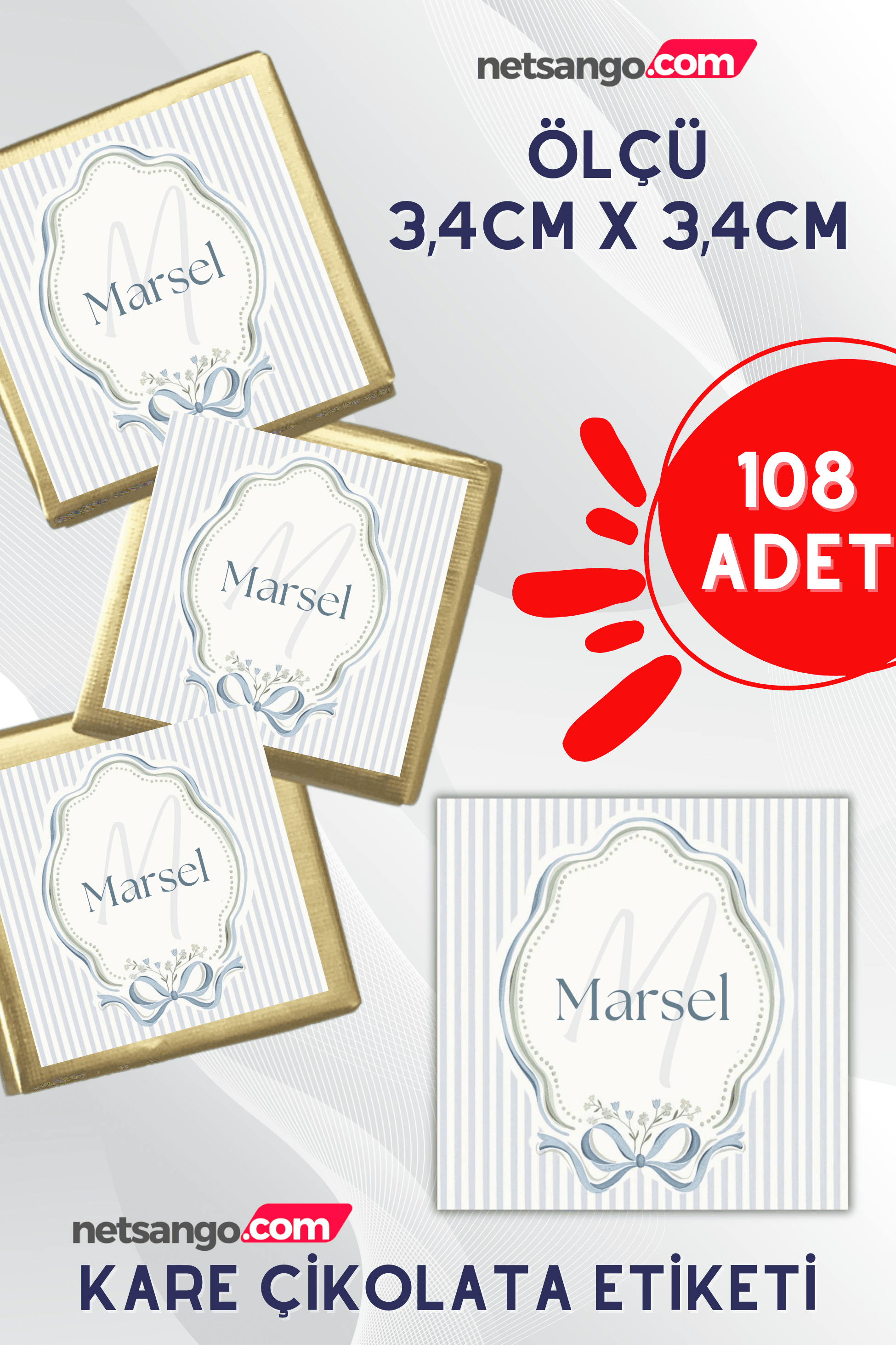 108 Adet Kare Çikolata Etiketi Mavi Gri