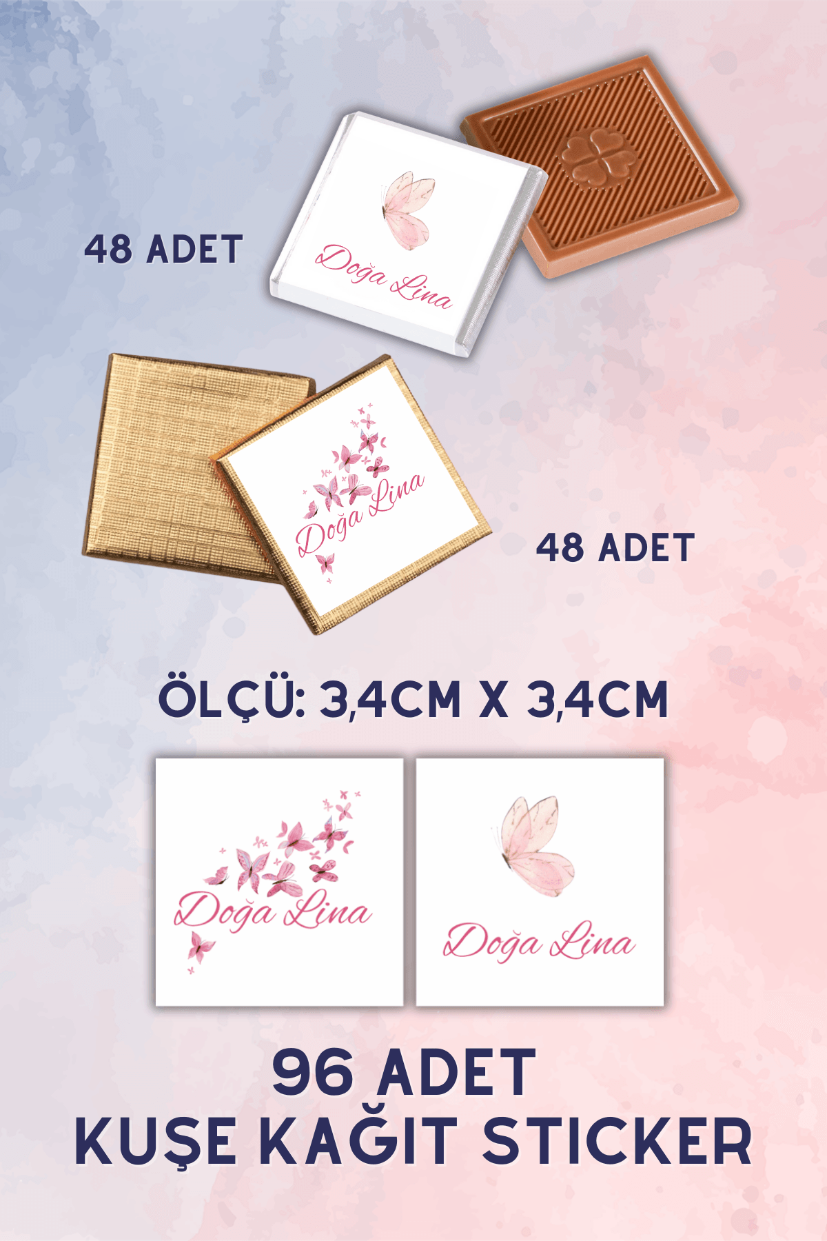 Özel İsimli 96 Adet Çikolata Etiketi Yapışkanlı 3,4 X 3,4cm Kuşe Sticker Kelebek Desen