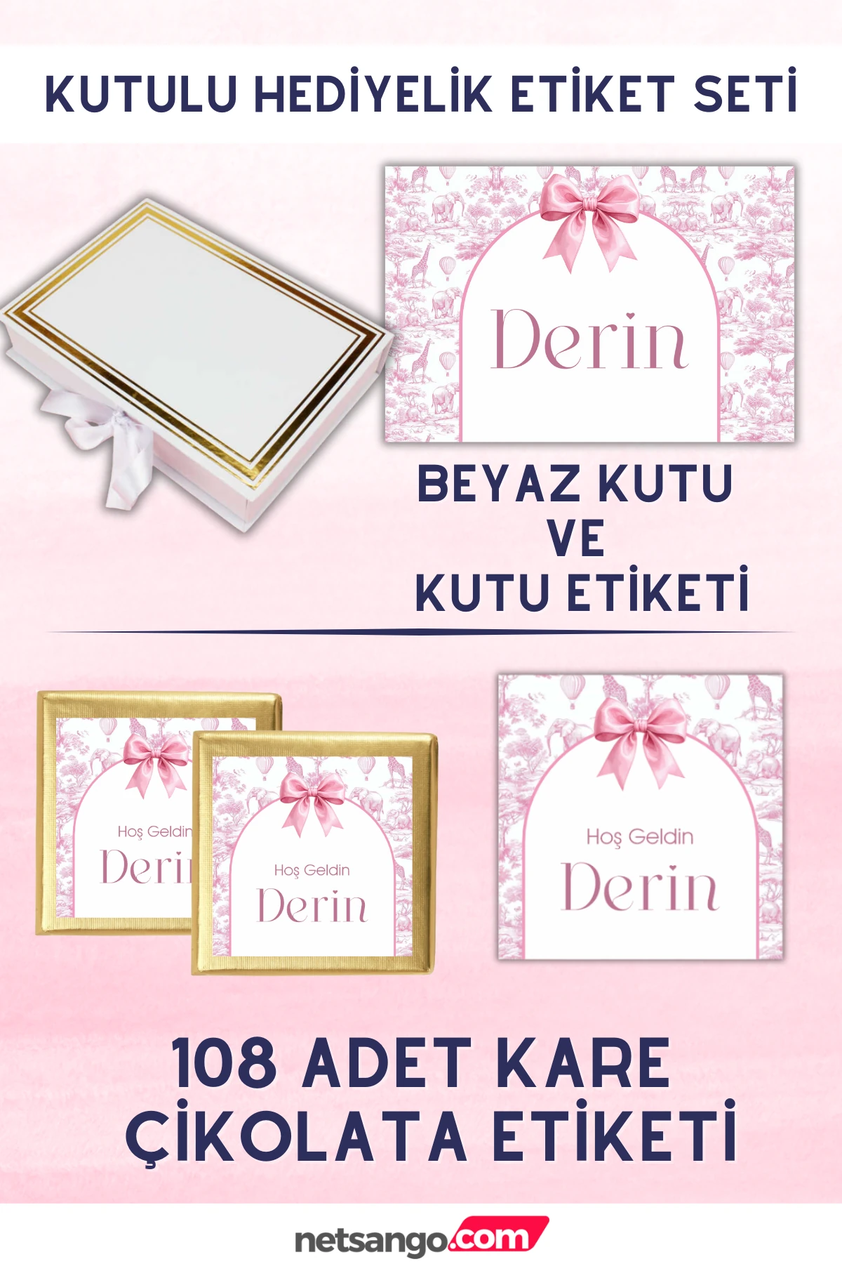 Pembe Fiyonk Fil Desenli Çikolata Etiketi ve Etiketli Beyaz Kutulu Set