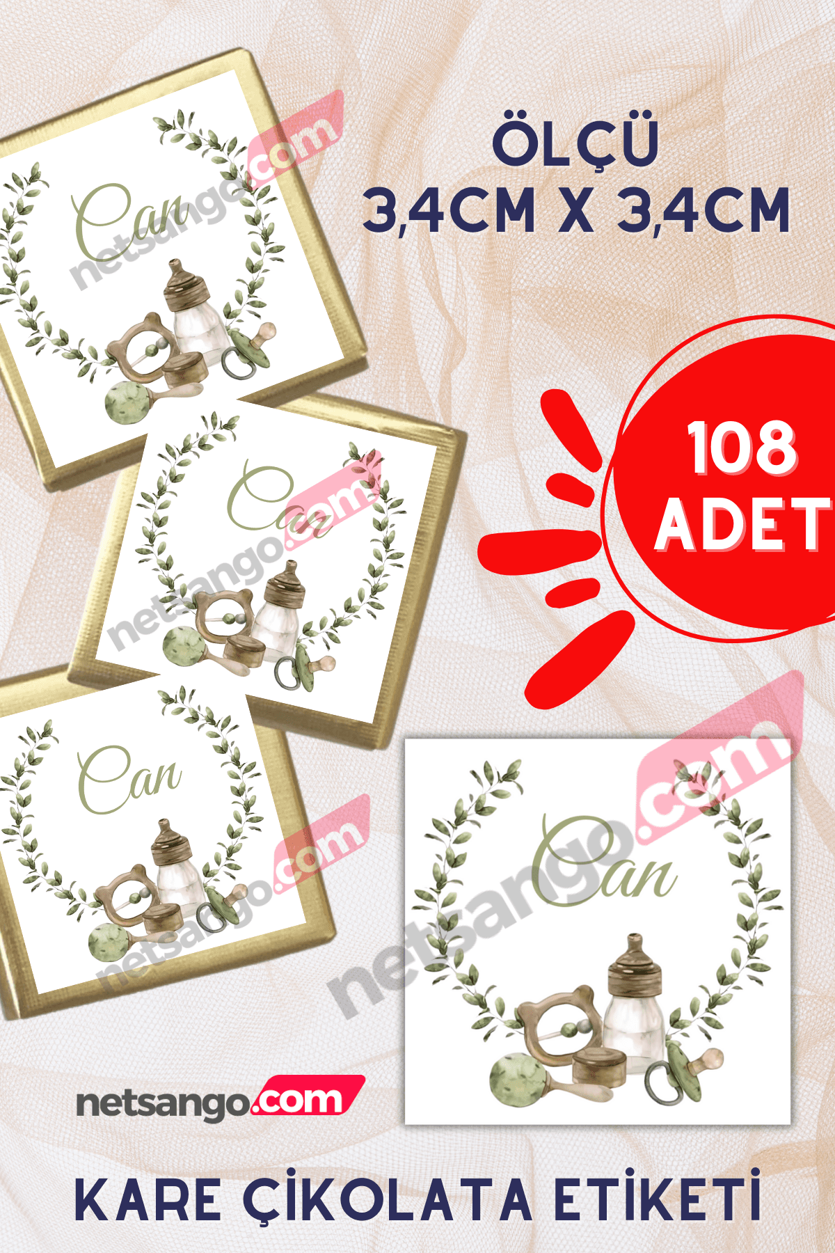  108 Adet Kare Madlen Çikolata Etiketi İsme Özel Biberon Madlen Çikolata Kız Bebek Erkek Bebek