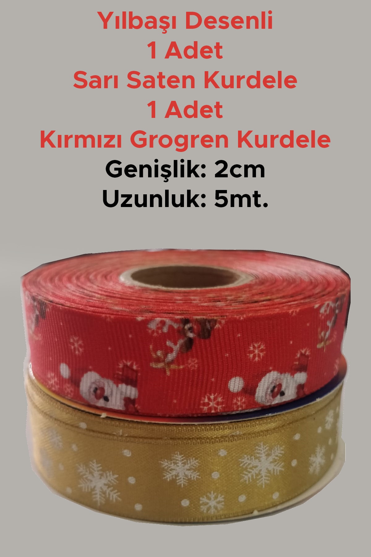 2CM X 5MT YILBAŞI DESENLİ KIRMIZI GROGREN KURDELE + SARI SATEN KURDELE