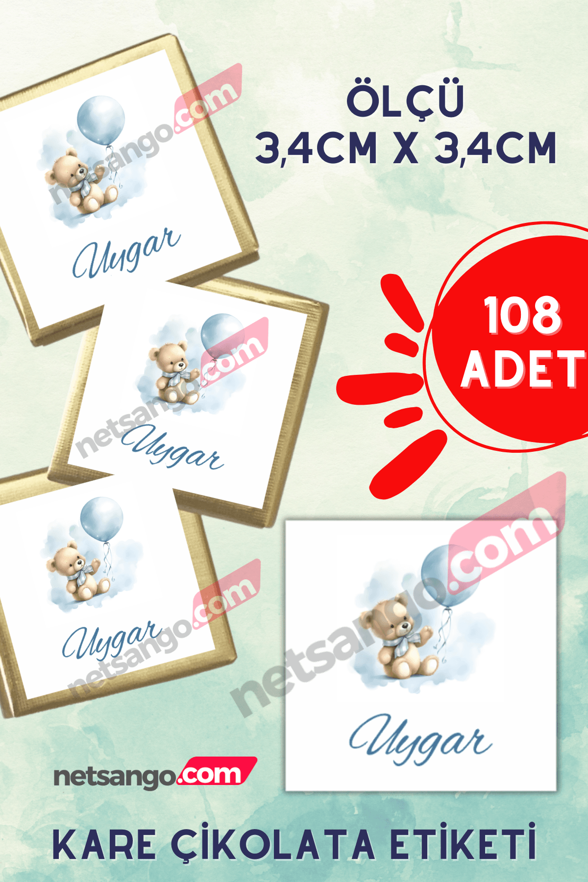  108 Adet Kare Madlen Çikolata Etiketi İsme Özel İkiz Bebek Madlen Çikolata Mavi Ayıcık Erkek Bebek