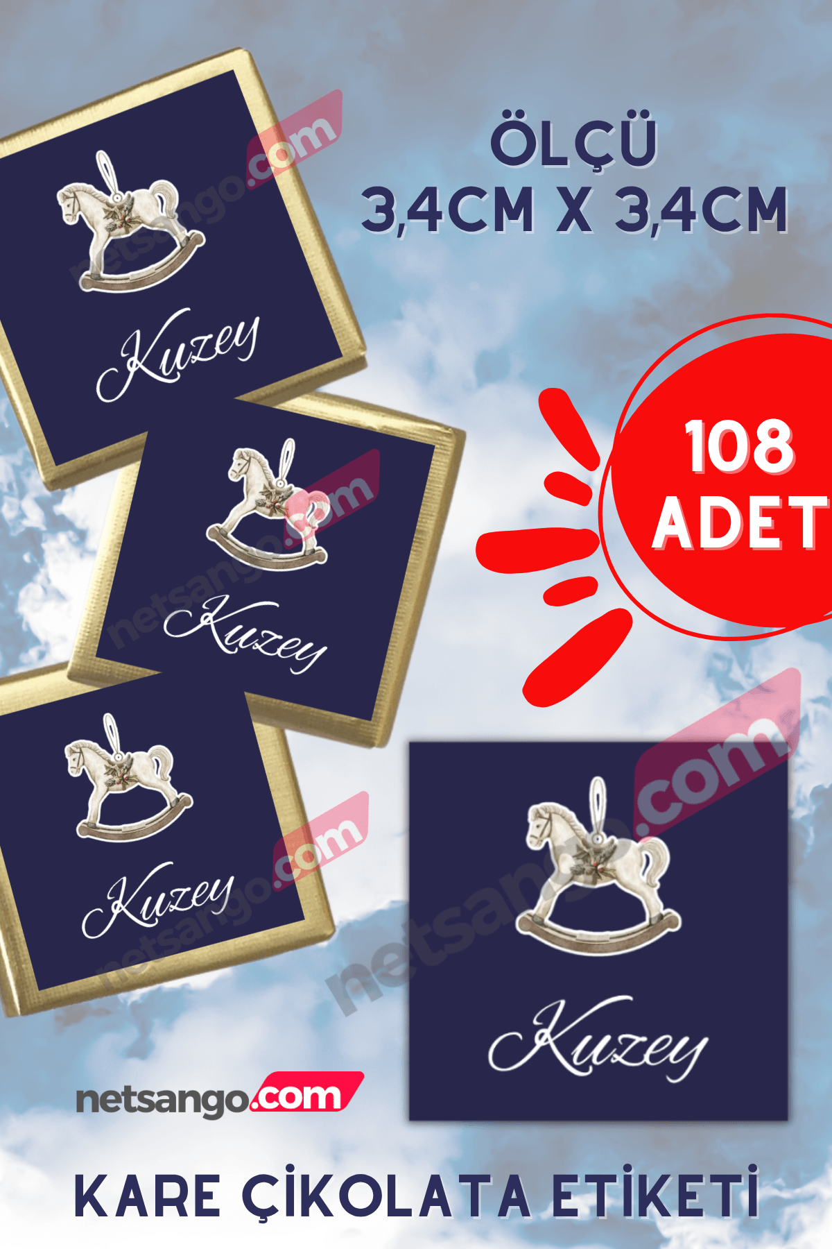 İsme Özel Bebek Etiketi Kare 108 Adet Atlı Karınca Lacivert