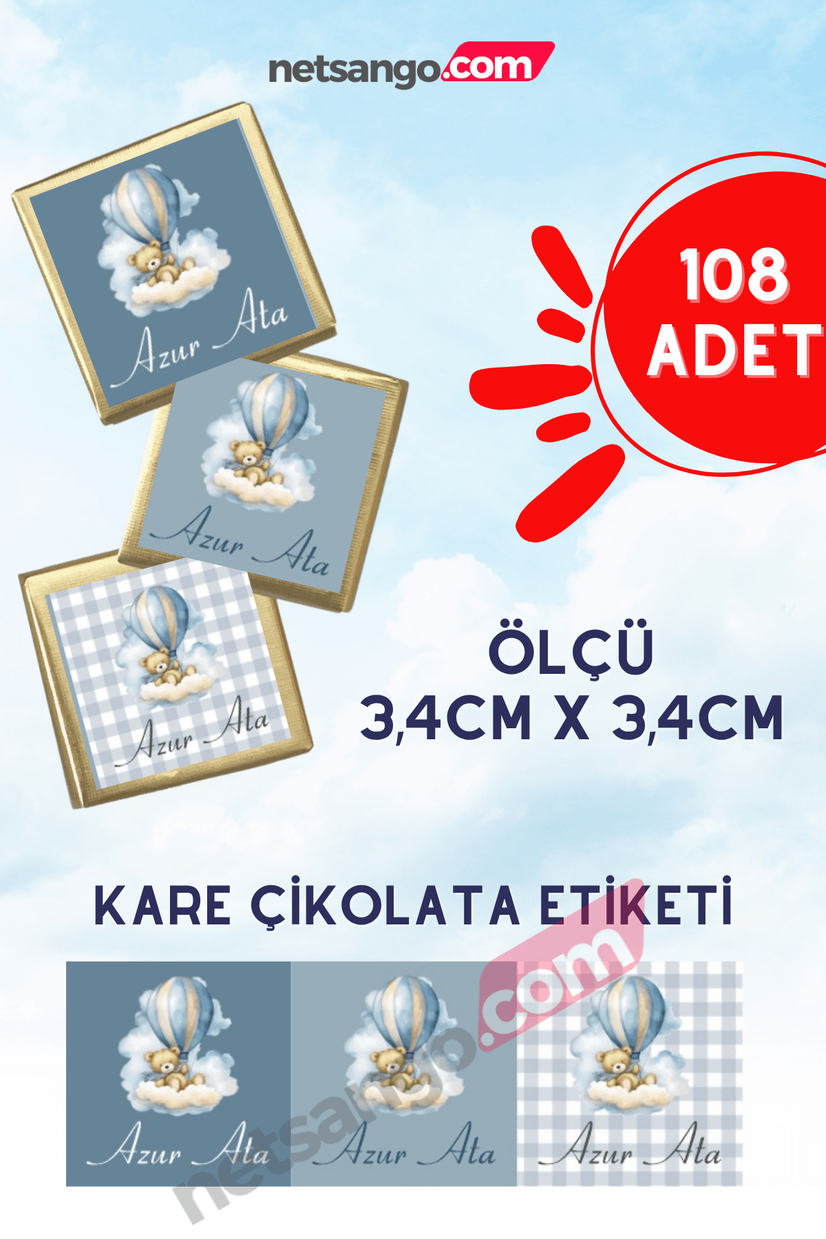 İsme Özel Erkek Bebek Etiketi Kare yada Sargılı Mavi Ayıcık Bulutlu