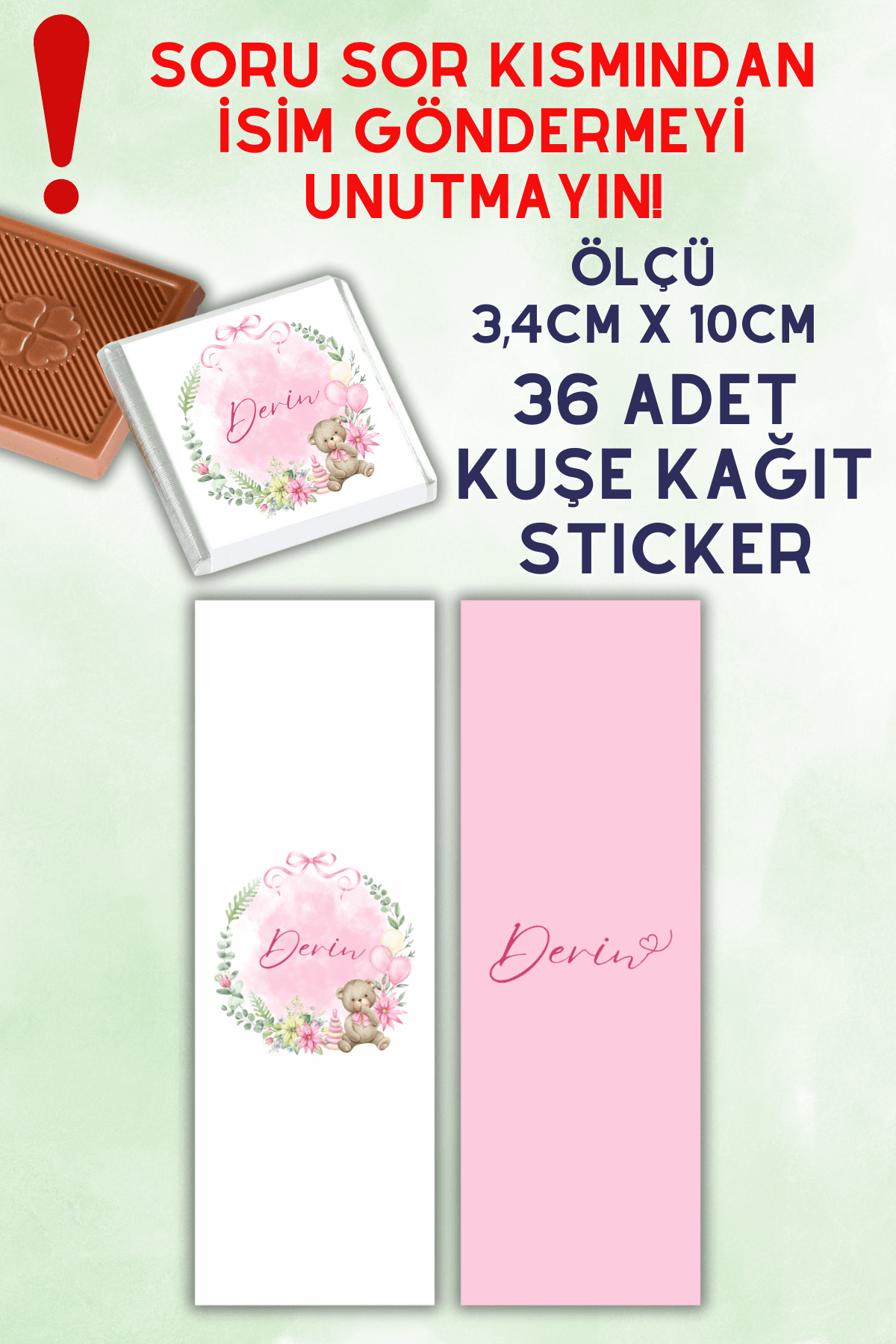 Özel İsimli 36 Adet Çikolata Etiketi Yapışkanlı 3,4 X 10cm Kuşe Sticker Pembe Ayıcık Desen