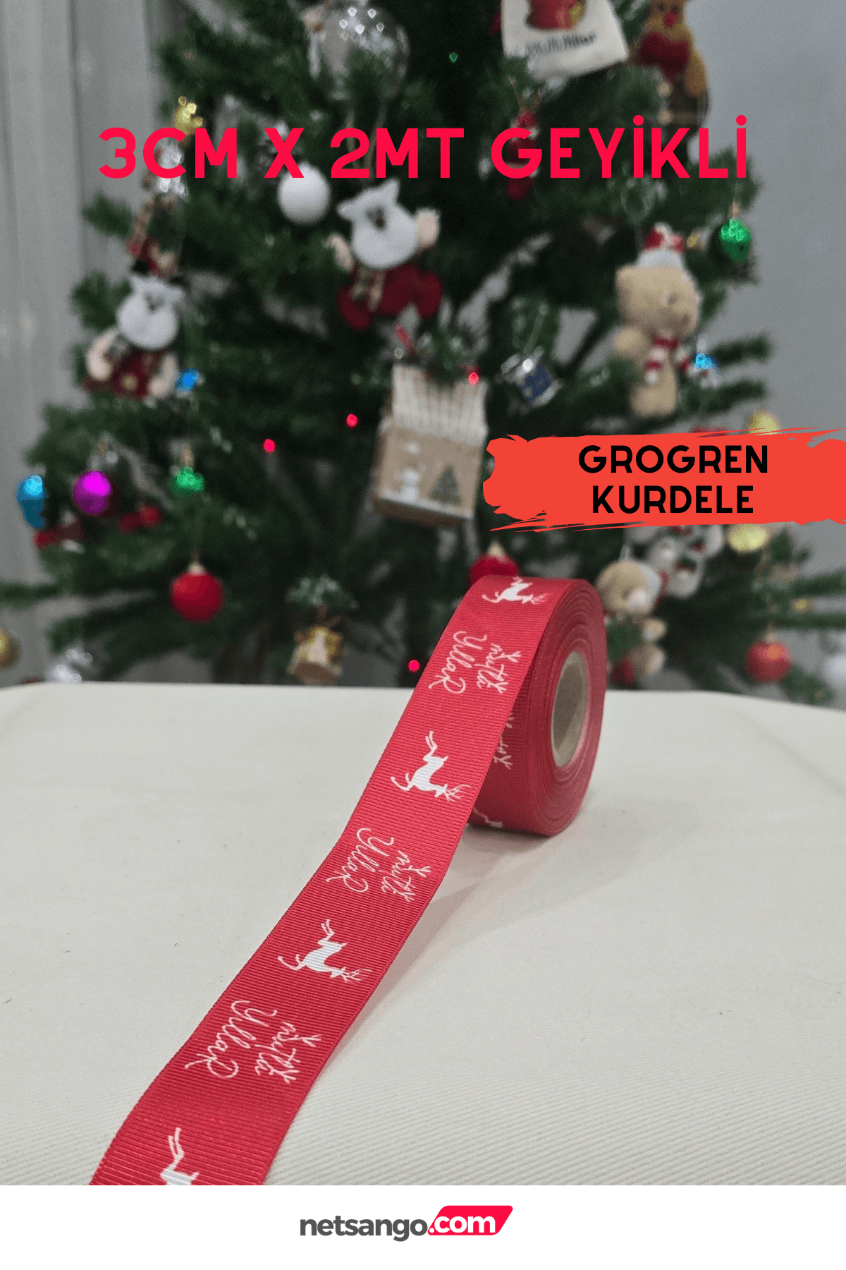 2CM X 2MT YILBAŞI DESENLİ KIRMIZI RENK GROGREN KURDELE