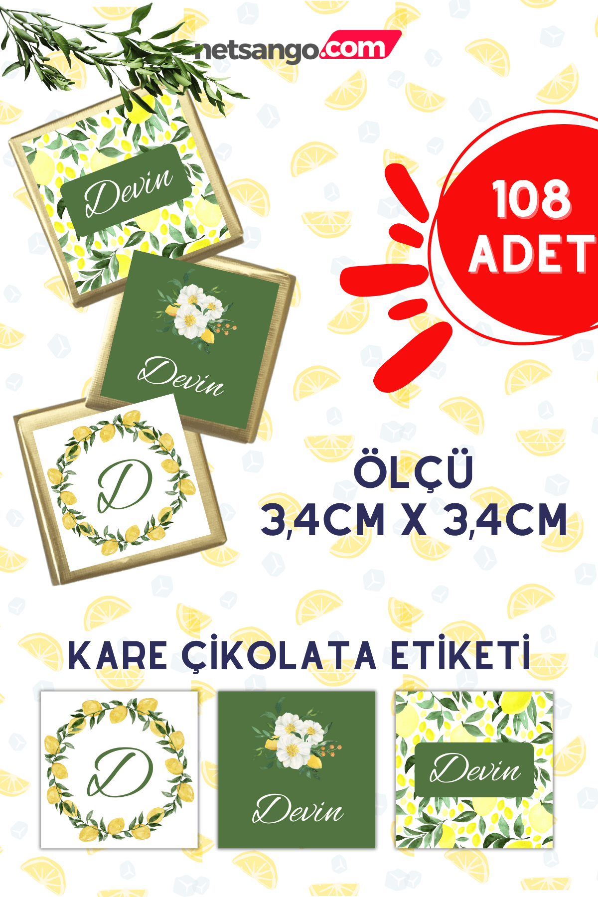 İsme Özel Bebek Etiketi Kare 108 Adet Limon Desen Yeşil