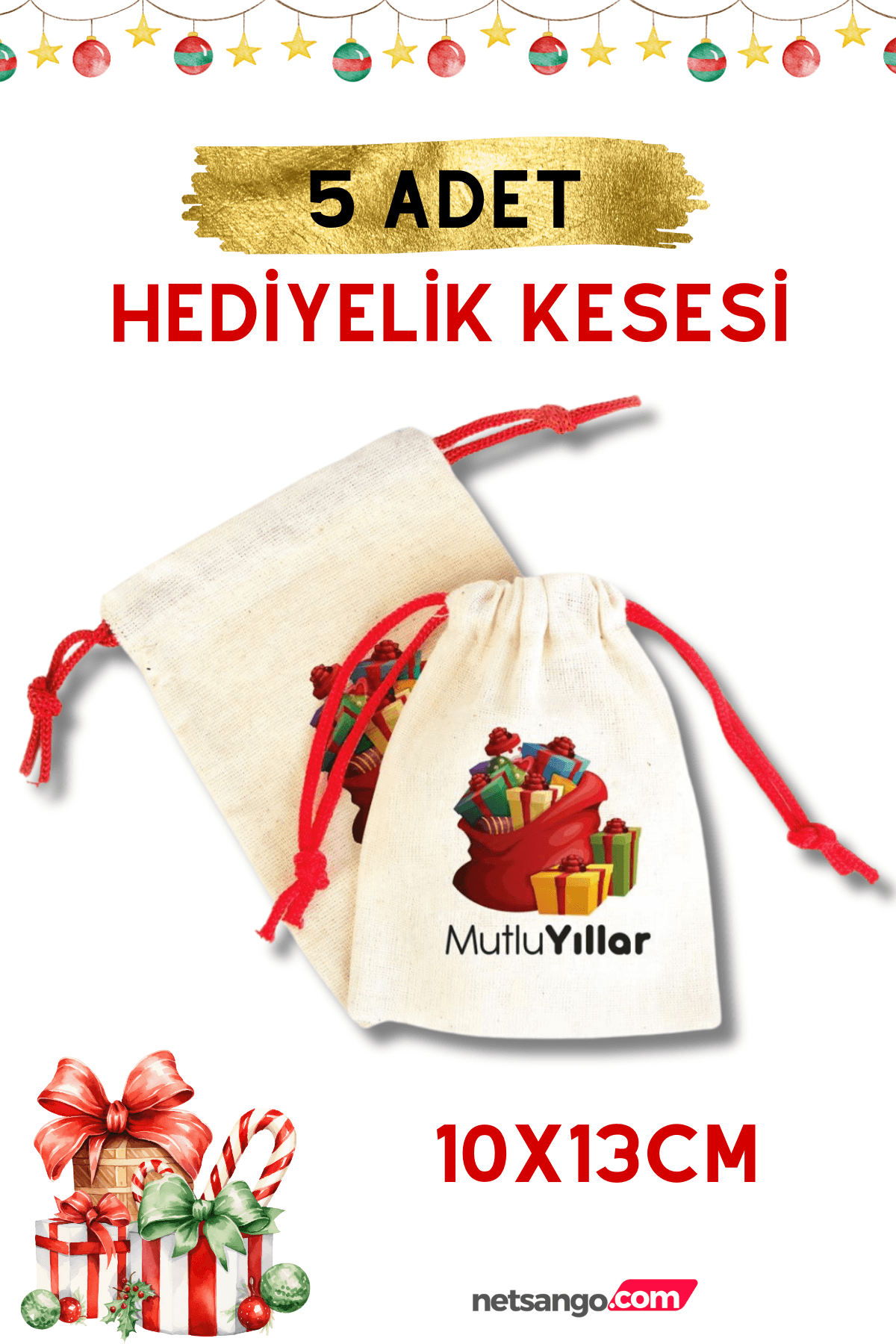 Kırmızı İpli Yılbaşı Temalı Hediyelik Kesesi 10x13cm 5 Adet