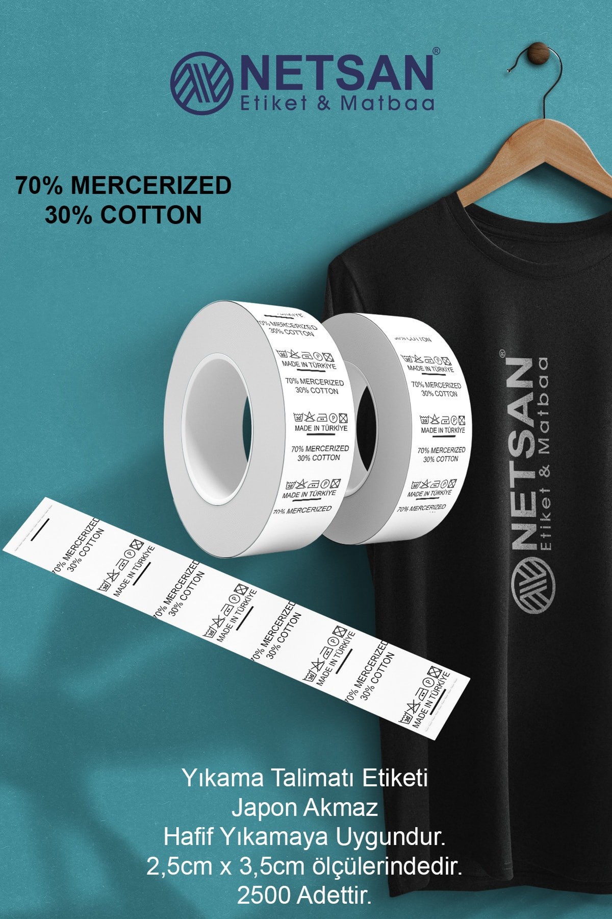 Yıkama Talimatı Etiketi - 70% Mercerized - 30% Cotton 2.500 Adet