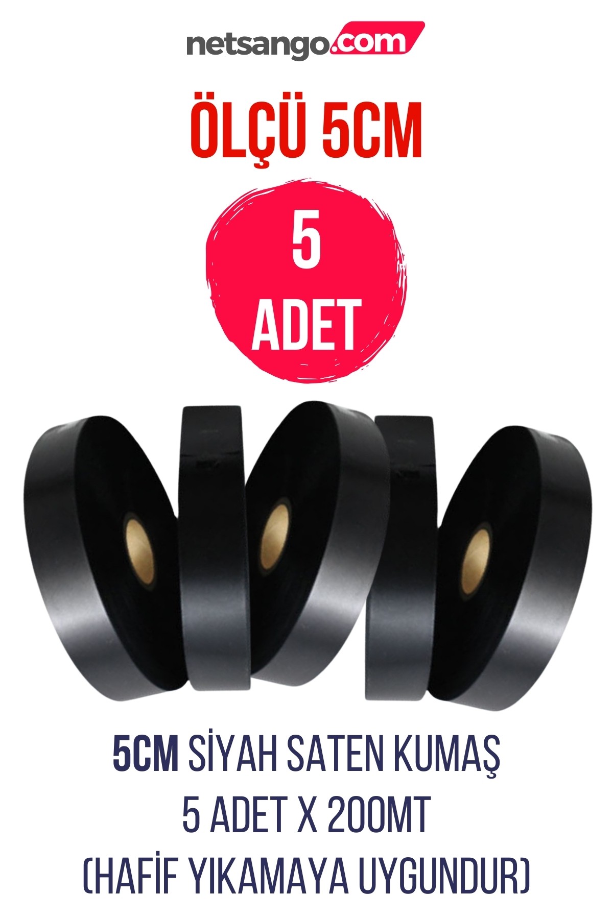 5cm Siyah Saten Kumaş 5x200mt Hafif Yıkamaya Uygundur