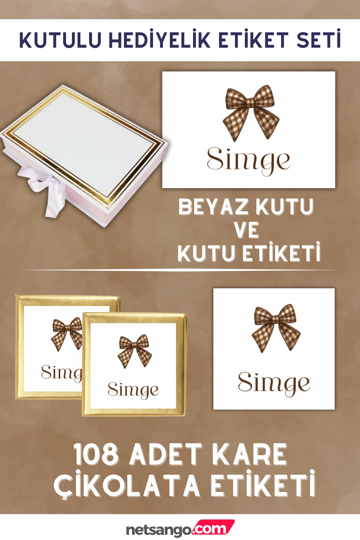 Kahverengi Fiyonk Desenli Çikolata Etiketi ve Etiketli Beyaz Kutulu Set