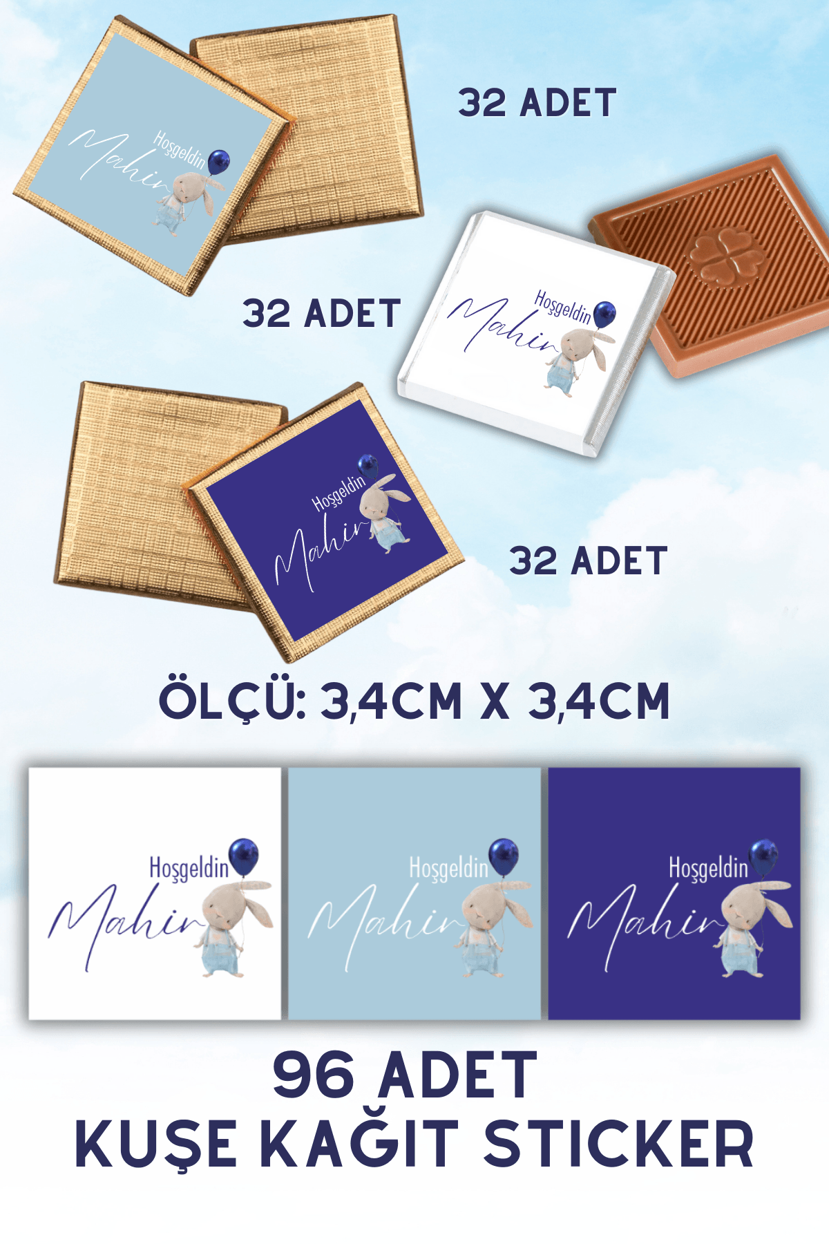 Özel İsimli 96 Adet Çikolata Etiketi Yapışkanlı 3,4 X 3,4cm Kuşe Sticker Tavşan Desen