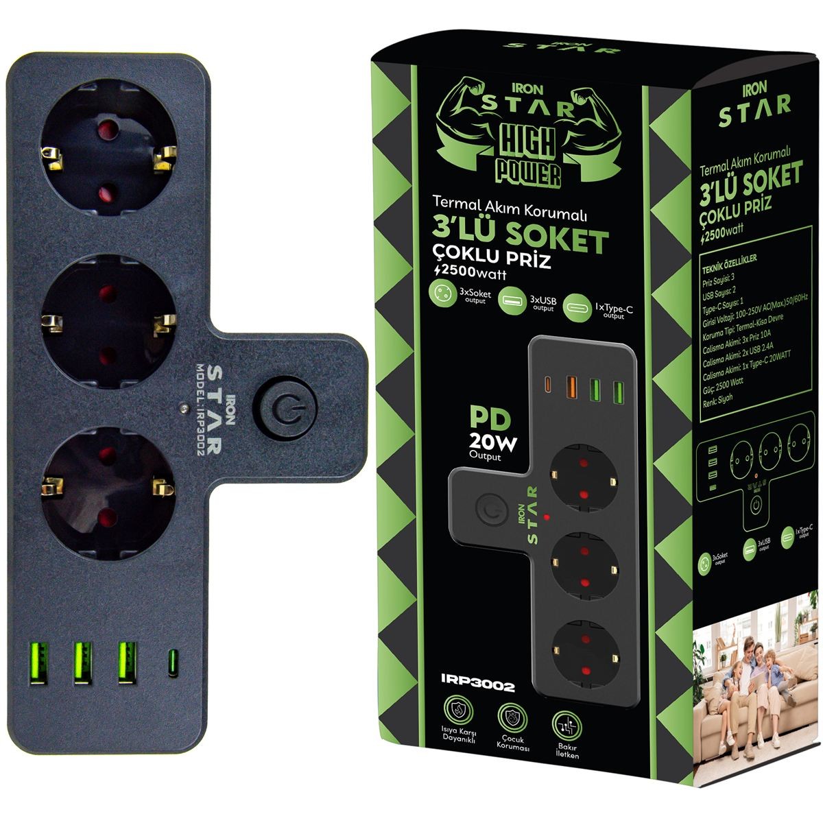 IRONSTAR 3xUSB+1 TYPC-E AKIM KORUMA 3 LÜ PRİZ