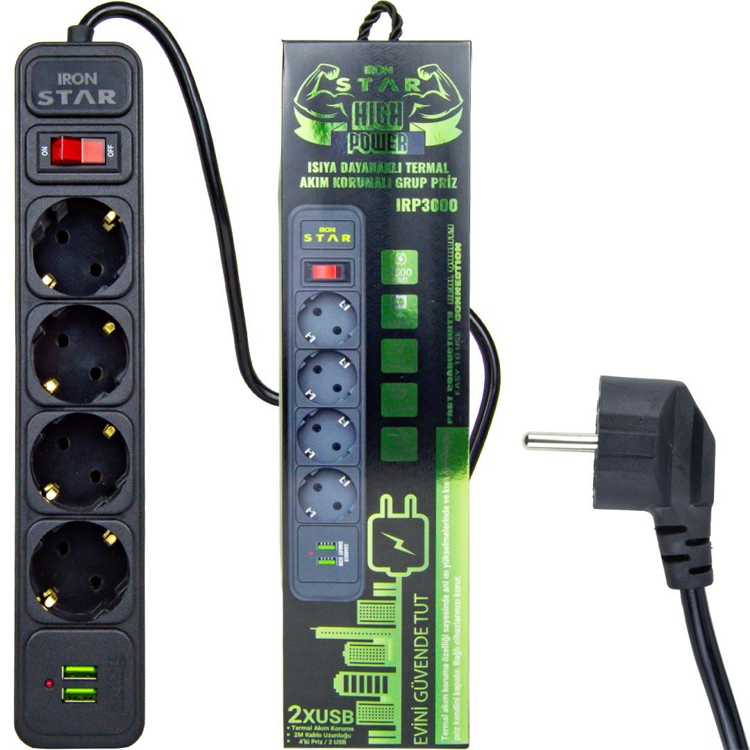 IRONSTAR 2 MT 2xUSB AKIM KORUMA 4 LÜ PRİZ