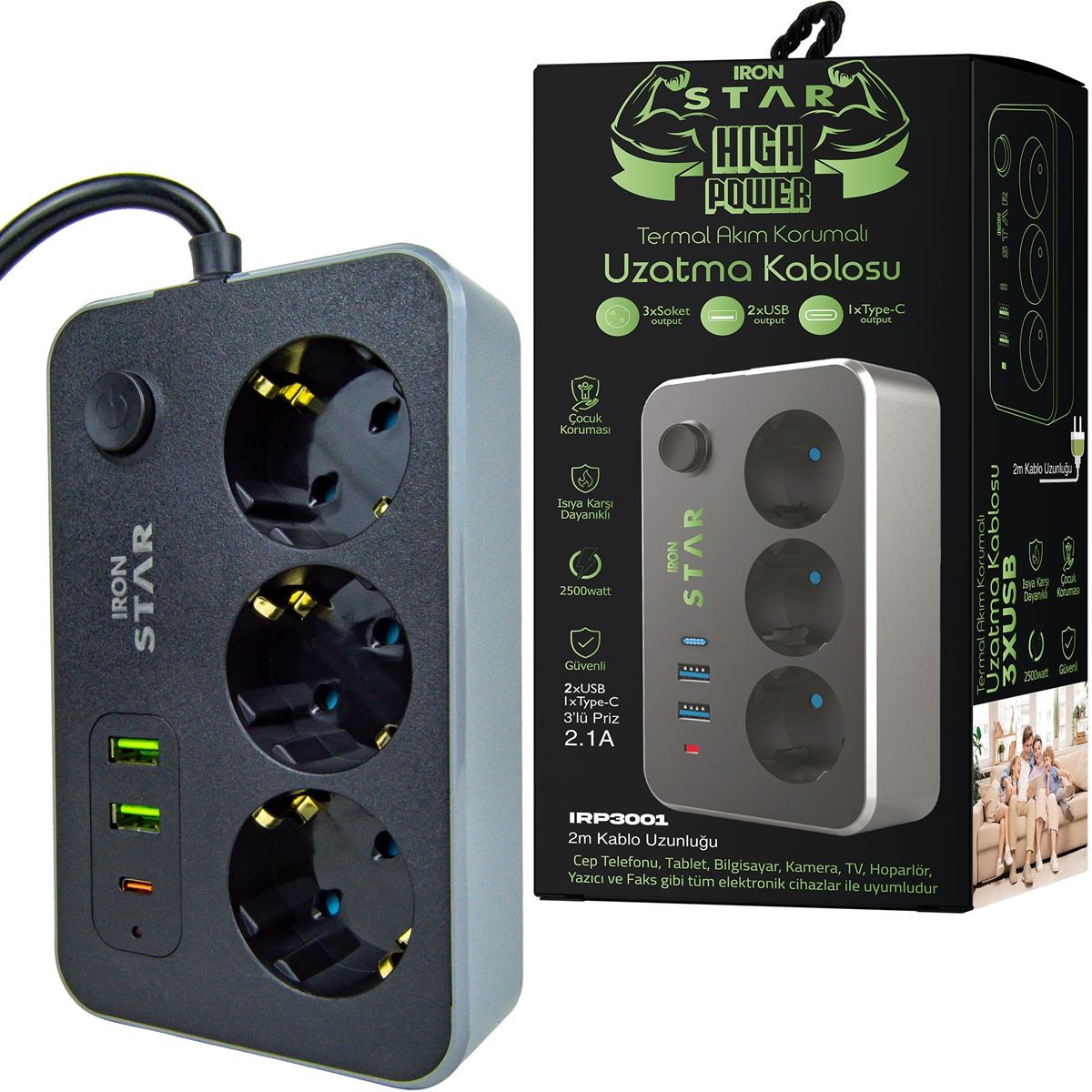 IRONSTAR 2MT 3xUSB AKIM KORUMALI 3 LÜ PRİZ
