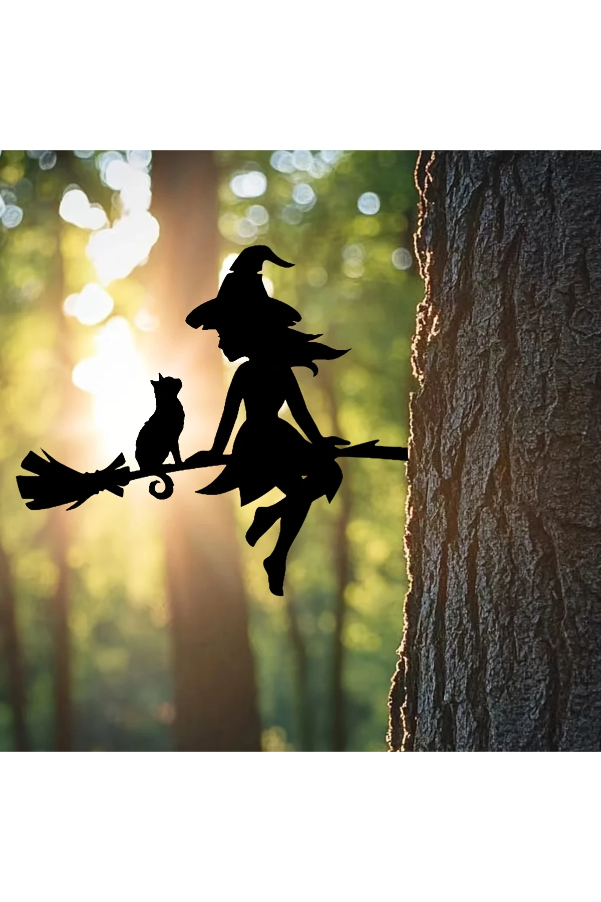 Büyüleyici Cadı ve Kedi Bahçe Dekoru - Uçan Süpürge Sopası