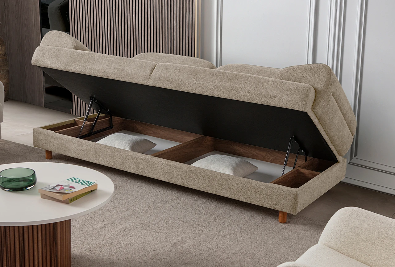 Lizbon Yataklı Sandıklı Koltuk Takımı 3+3+1+1 Sütlü Kahve