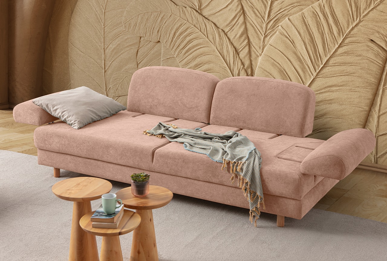 Aries Yataklı Sandıklı Üçlü Koltuk Pembe