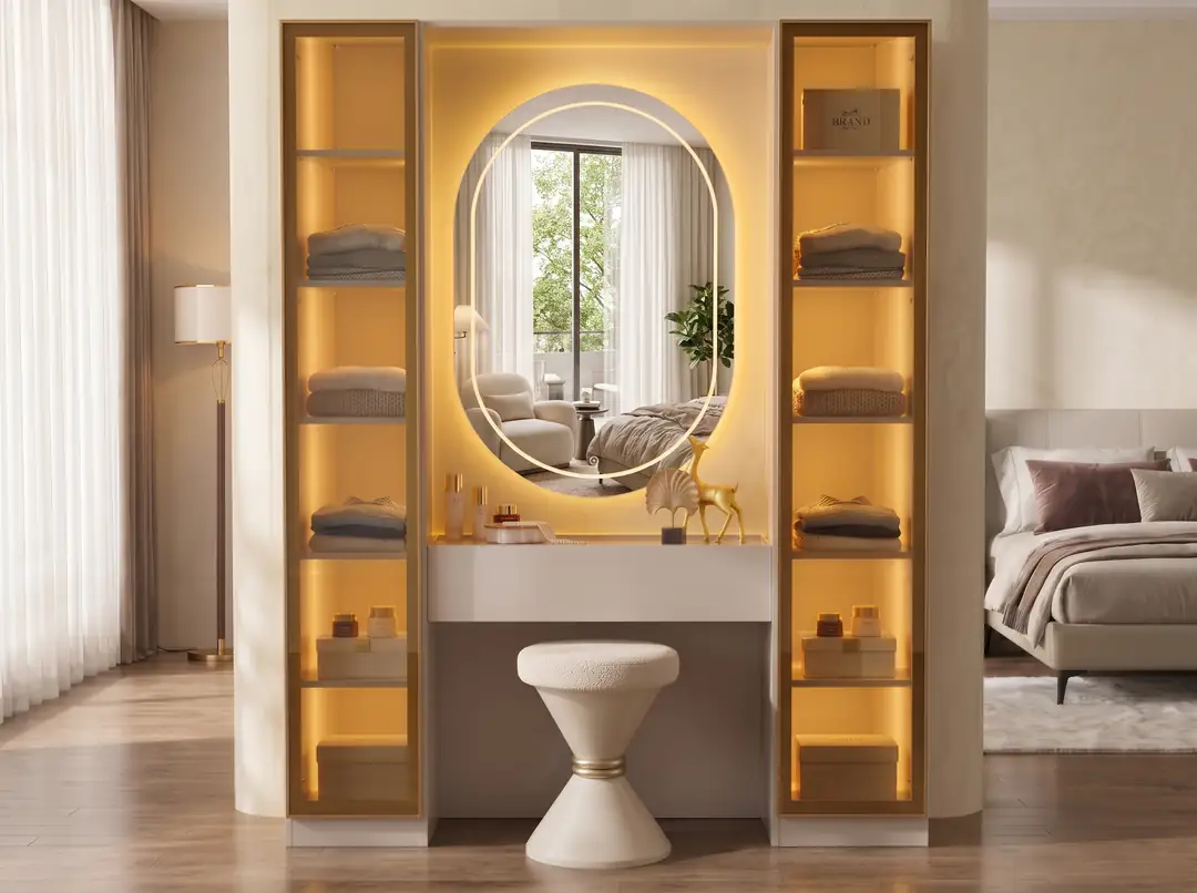 Lora Camlı Gardırop %100 MDF Makyaj Üniteli Puflu İkili Modüler Giyinme Odası Dolabı