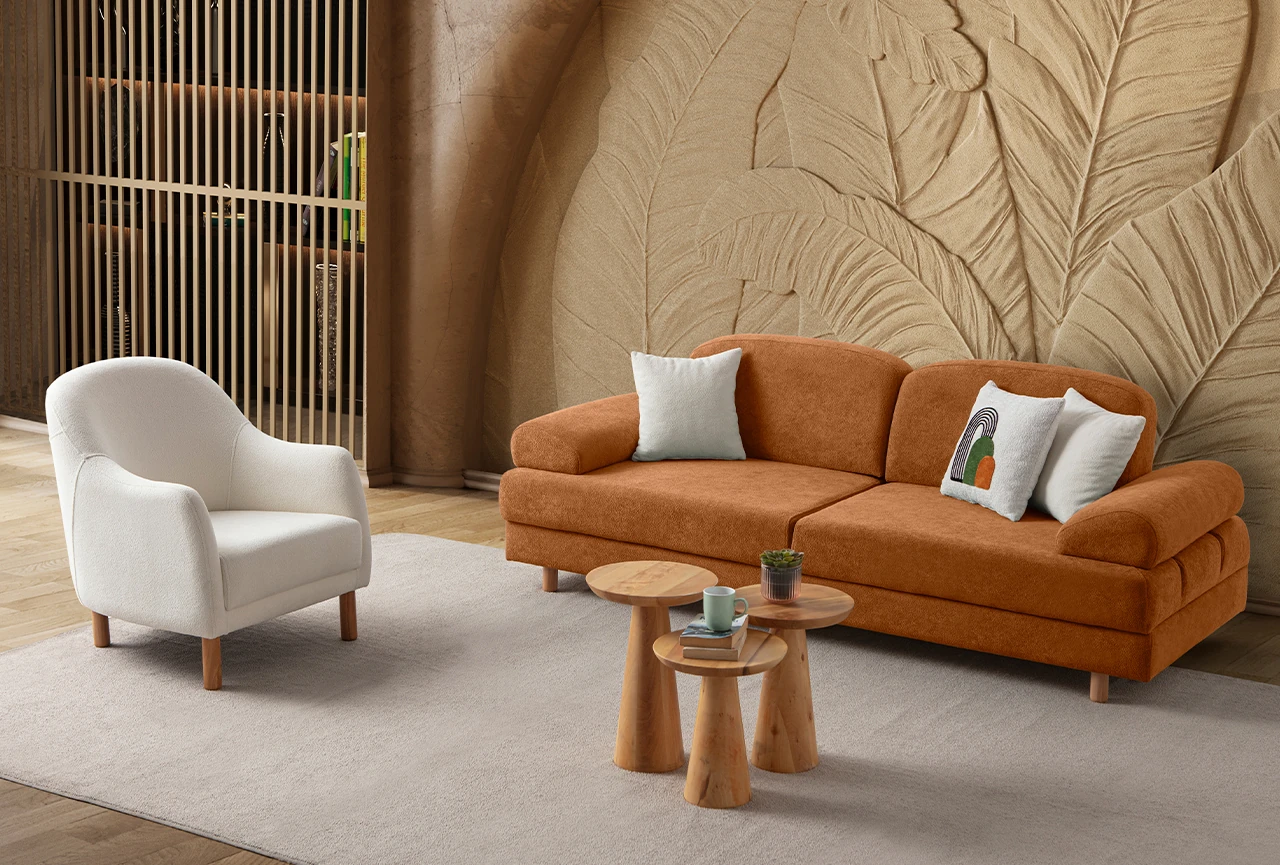 Aries Yataklı Sandıklı Üçlü Koltuk Turuncu