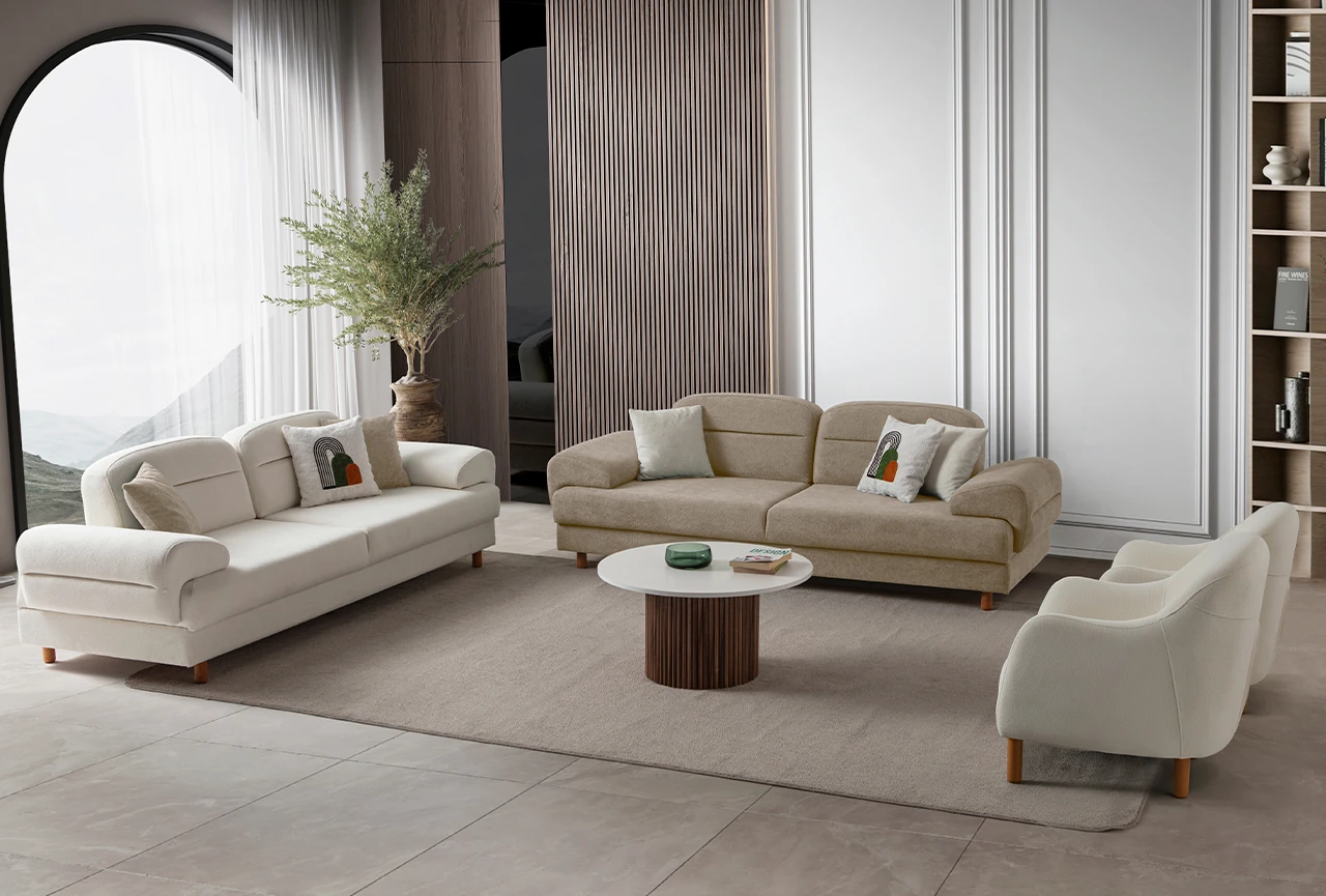 Lizbon Yataklı Sandıklı Koltuk Takımı 3+3+1+1 Sütlü Kahve