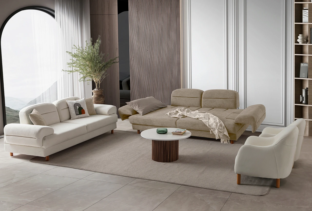 Lizbon Yataklı Sandıklı Koltuk Takımı 3+3+1+1 Sütlü Kahve