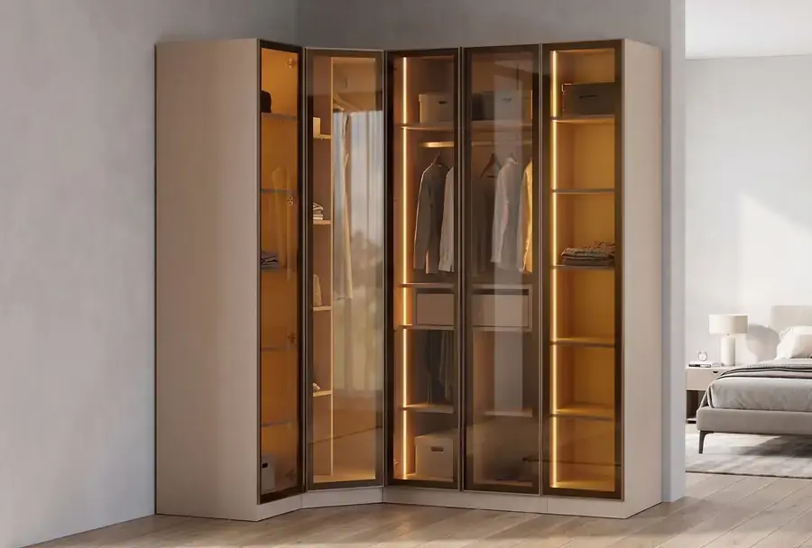 Lora Camlı Gardırop %100 MDF Çekmeceli Köşe Modüler Giyinme Odası Dolabı