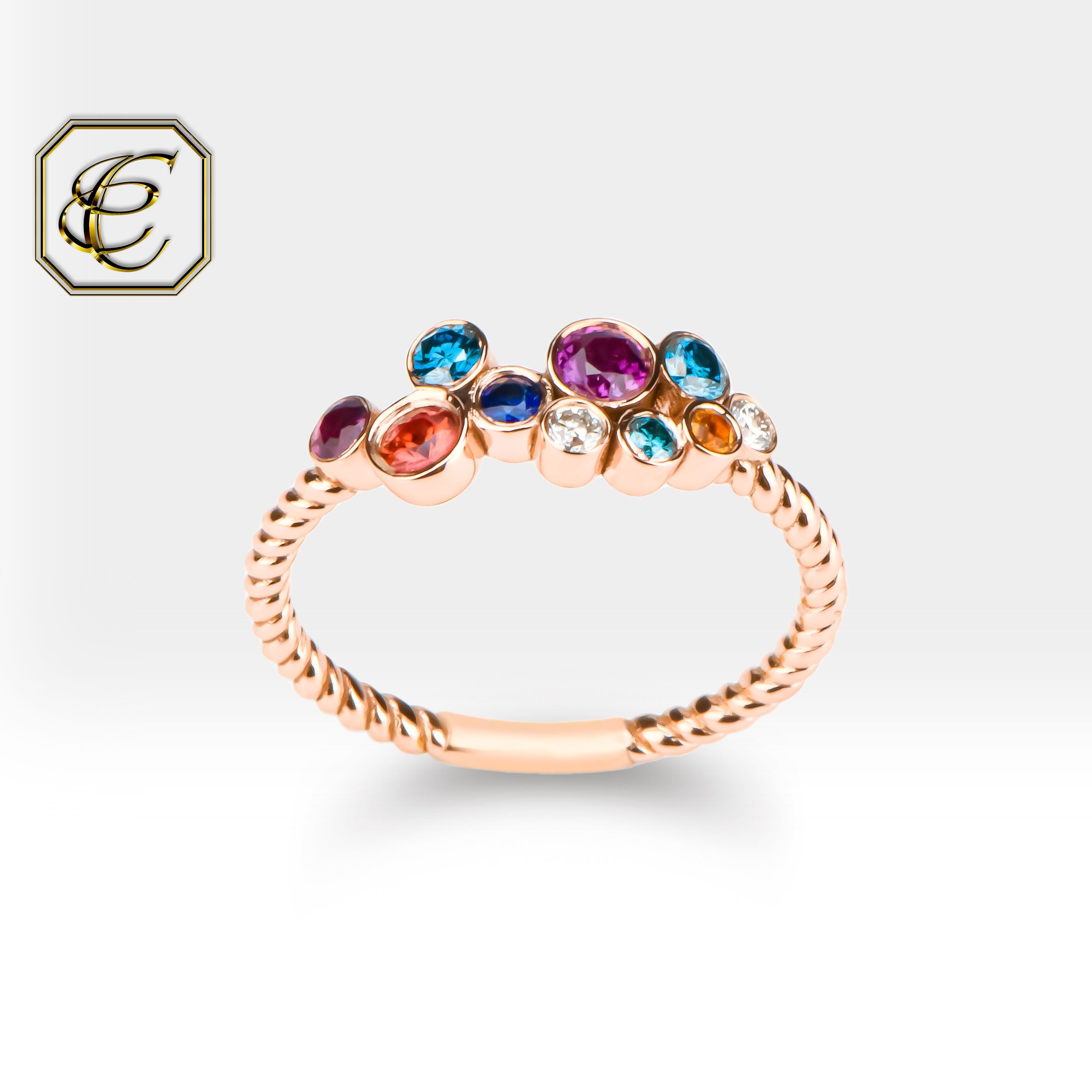 Colorful Diamond Ring in 14K Solid Gold