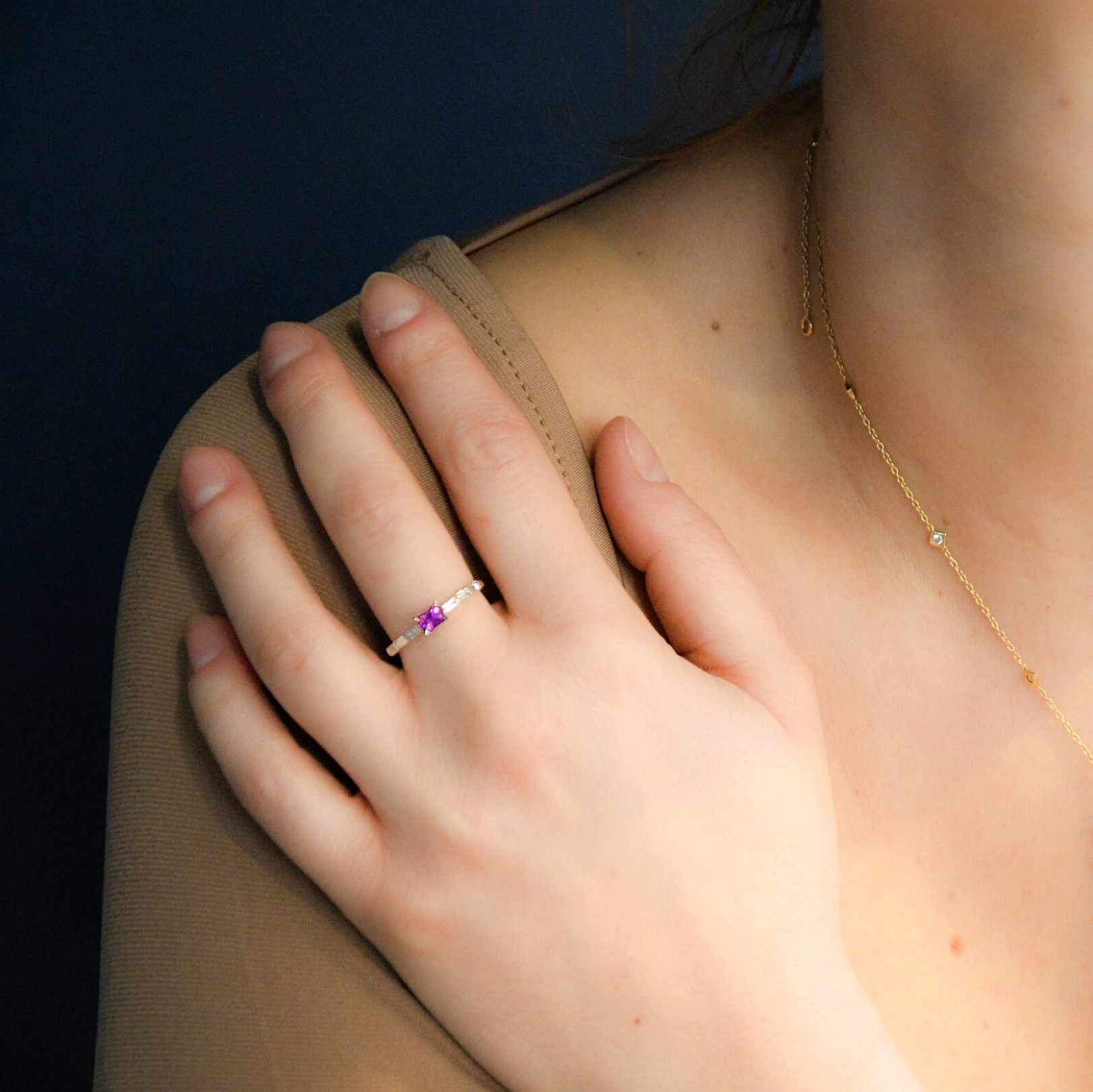 Pink Sapphire and Baguette Diamond Ring