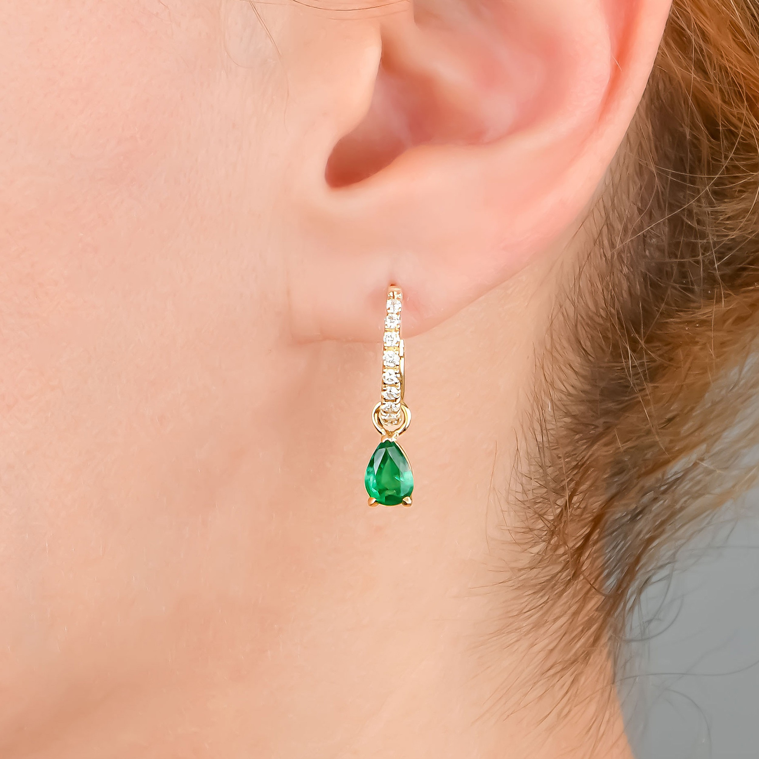 Emerald Dangle Earrings – 14K Gold Huggie Hoops with Diamonds