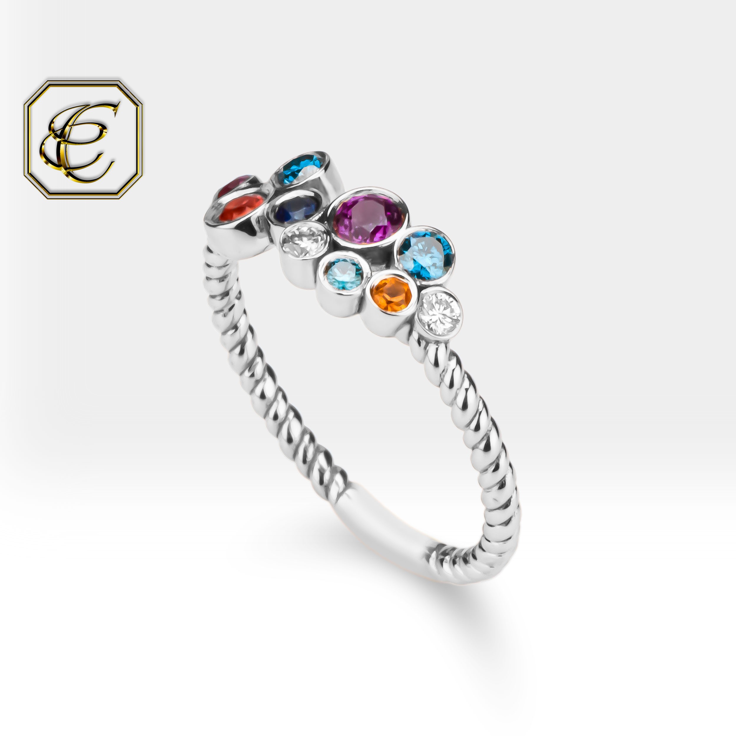 Colorful Diamond Ring in 14K Solid Gold