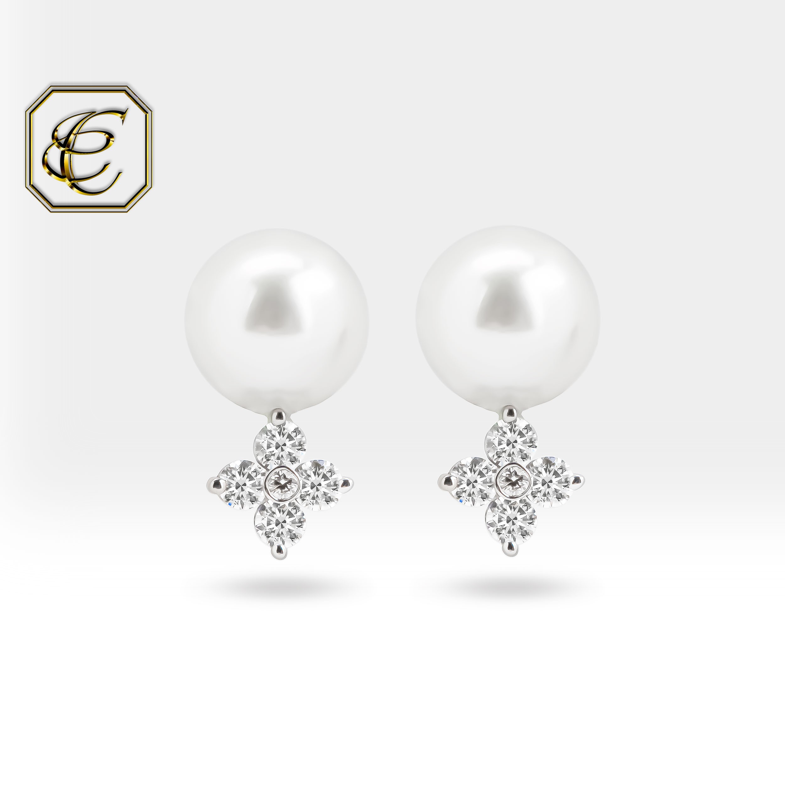 Diamond Clover Pearl Earrings