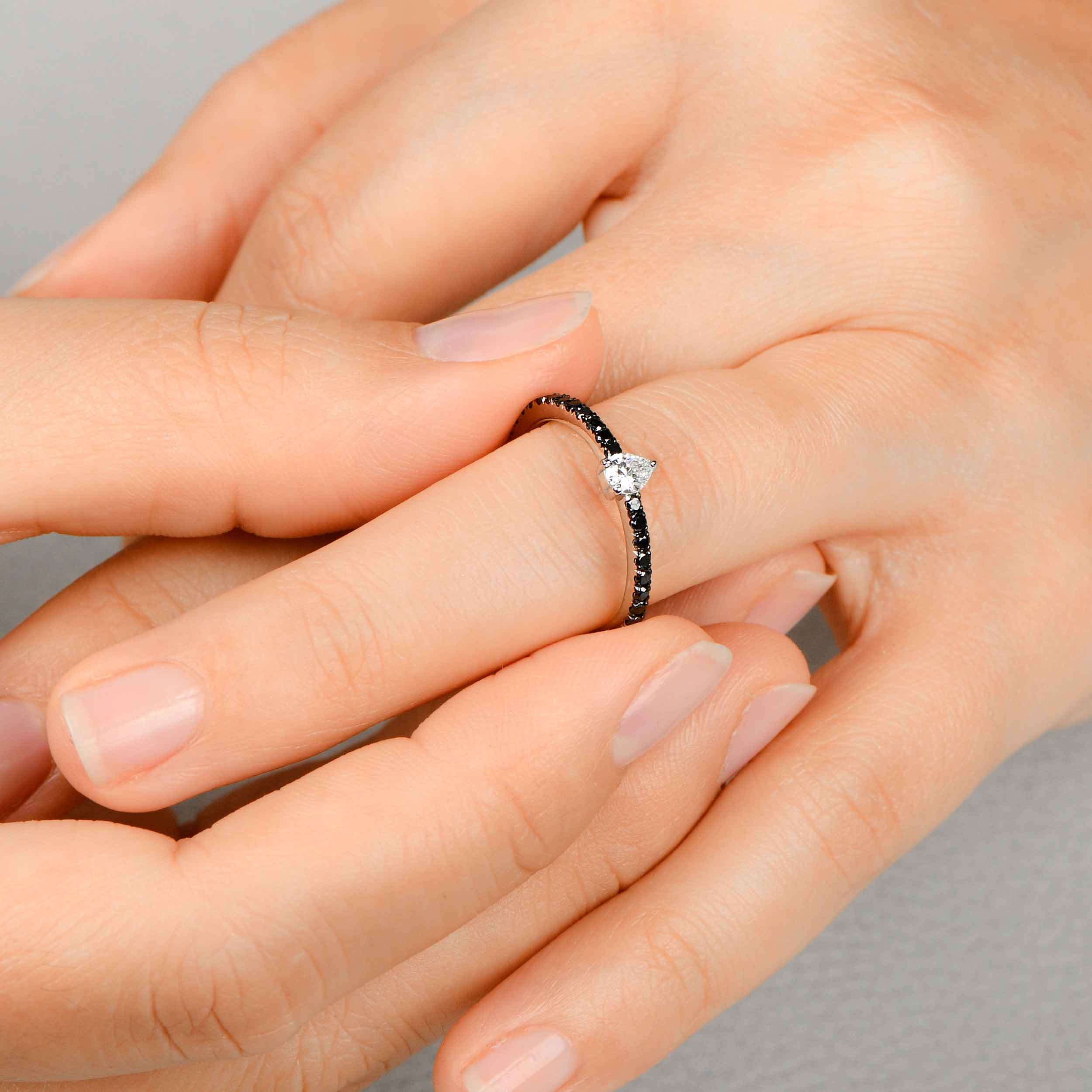 Black Diamond Ring – 14K Solid Gold Pear Solitaire