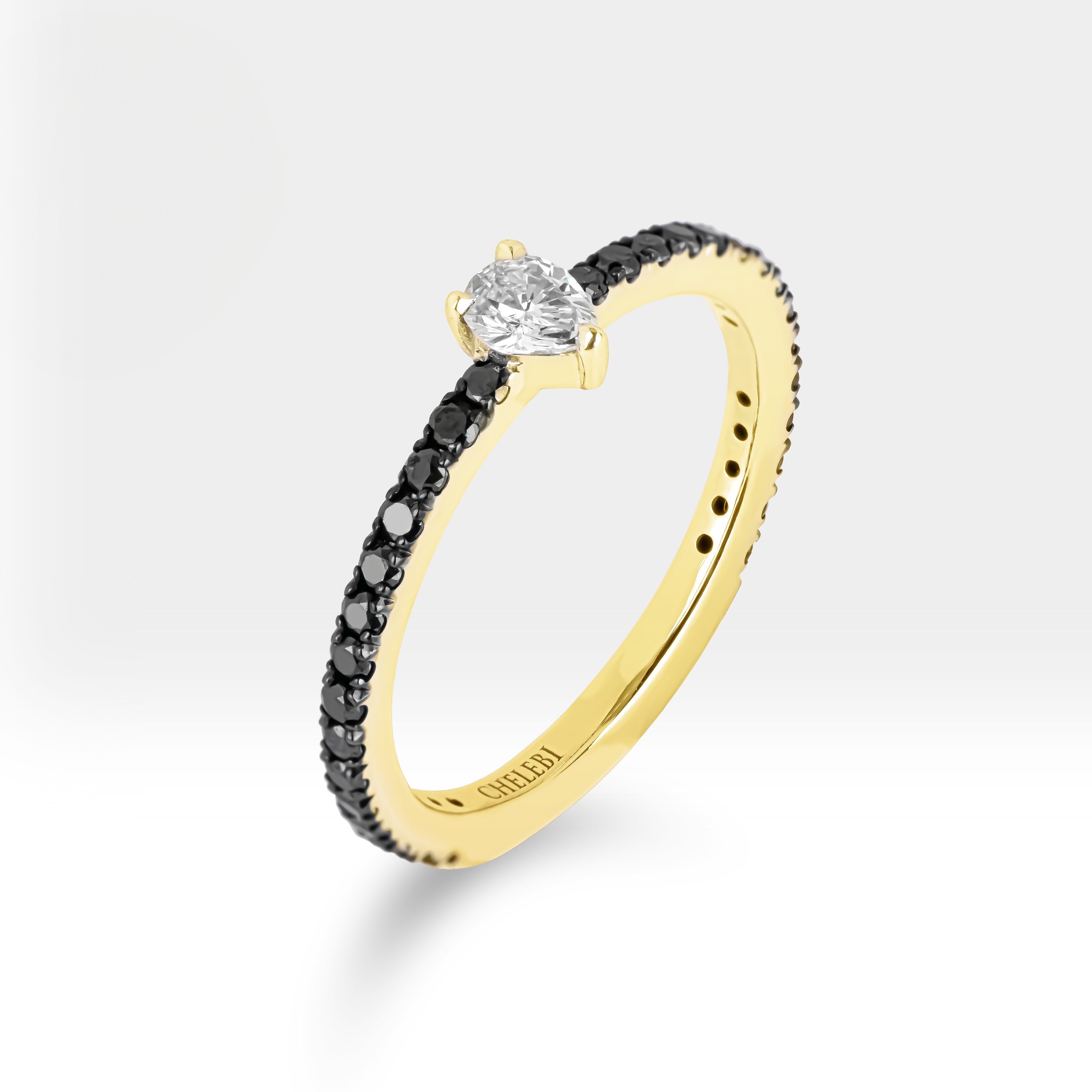 Black Diamond Ring – 14K Solid Gold Pear Solitaire