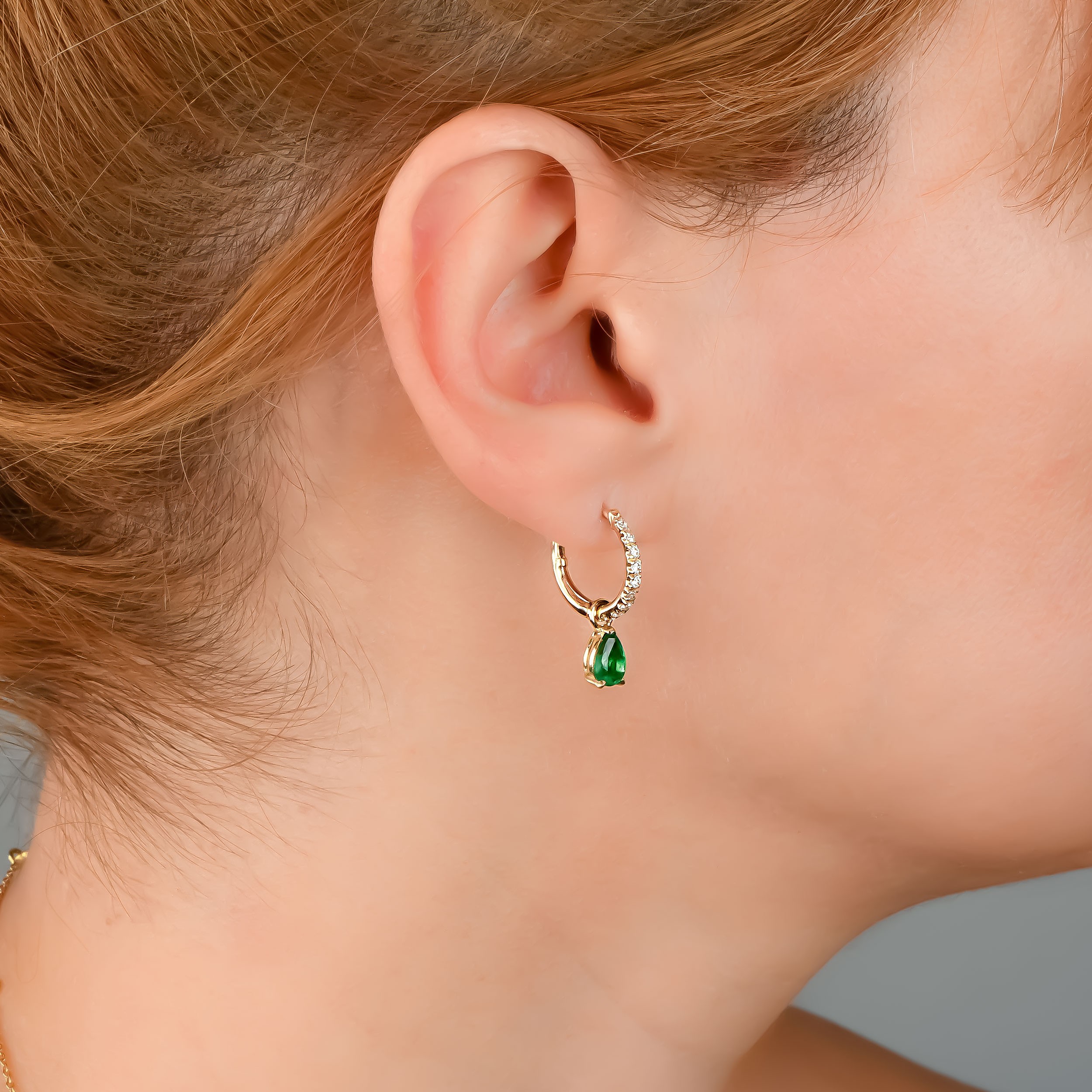 Emerald Dangle Earrings – 14K Gold Huggie Hoops with Diamonds