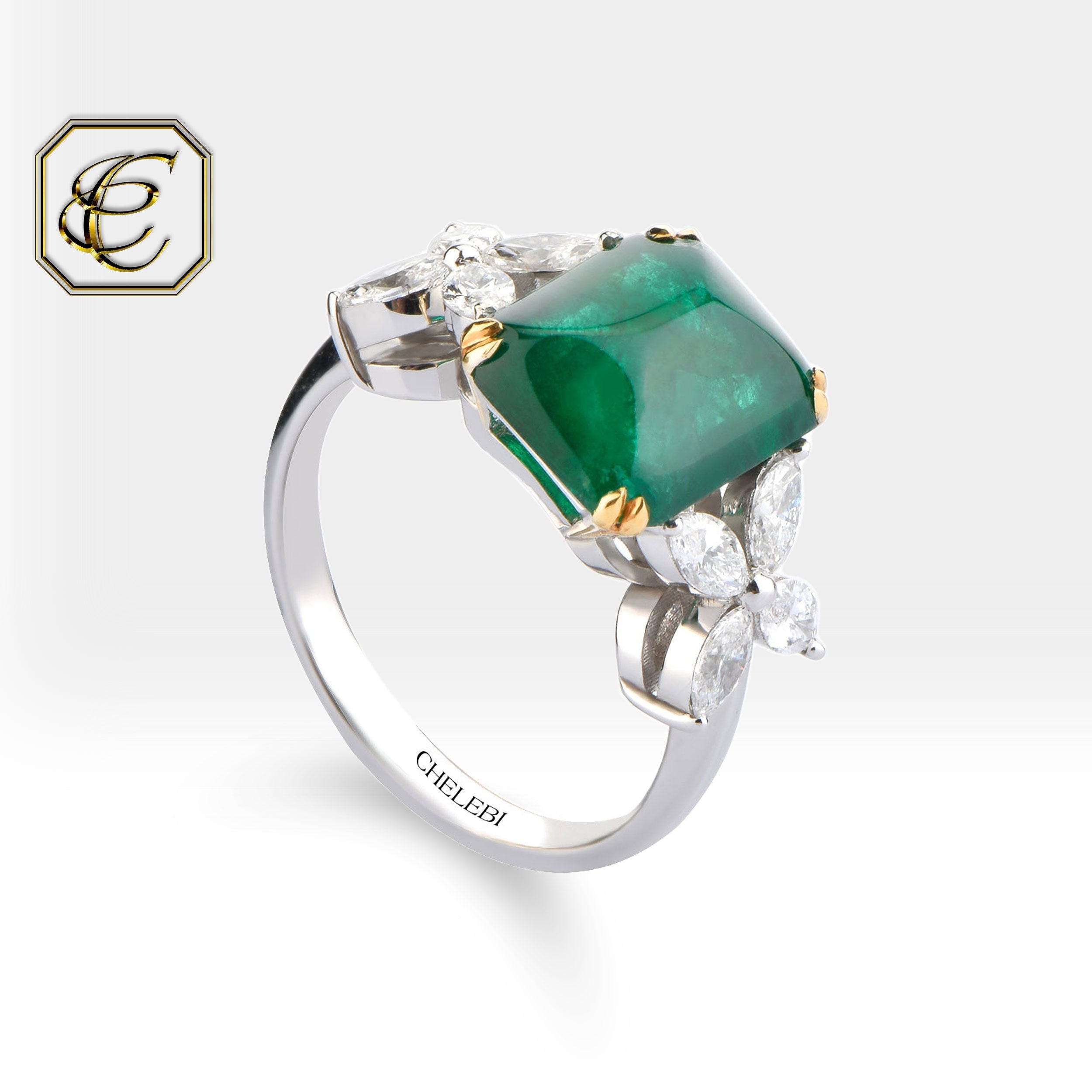 Cabochon Emerald Engagement Ring