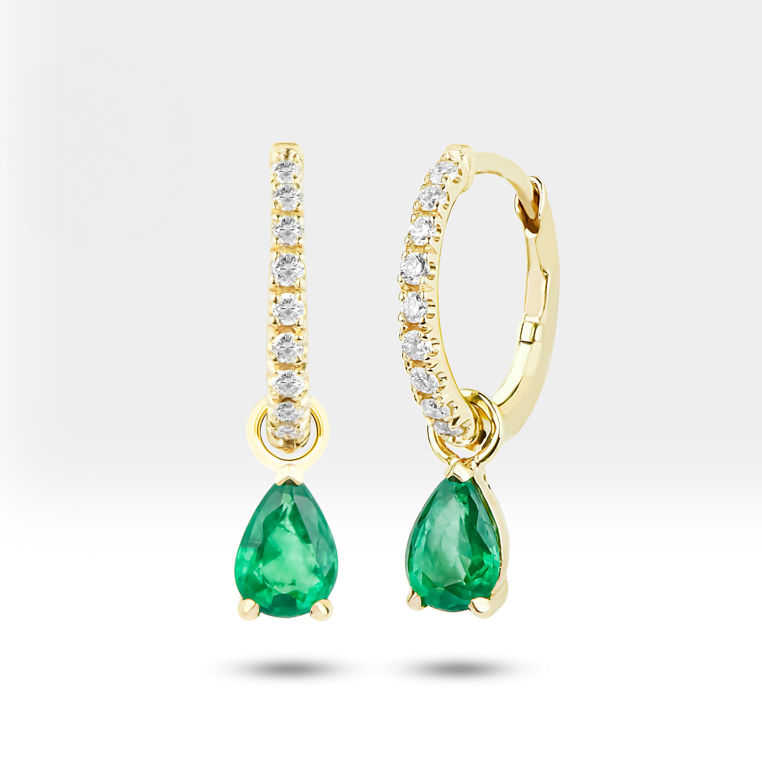 Emerald Dangle Earrings – 14K Gold Huggie Hoops with Diamonds