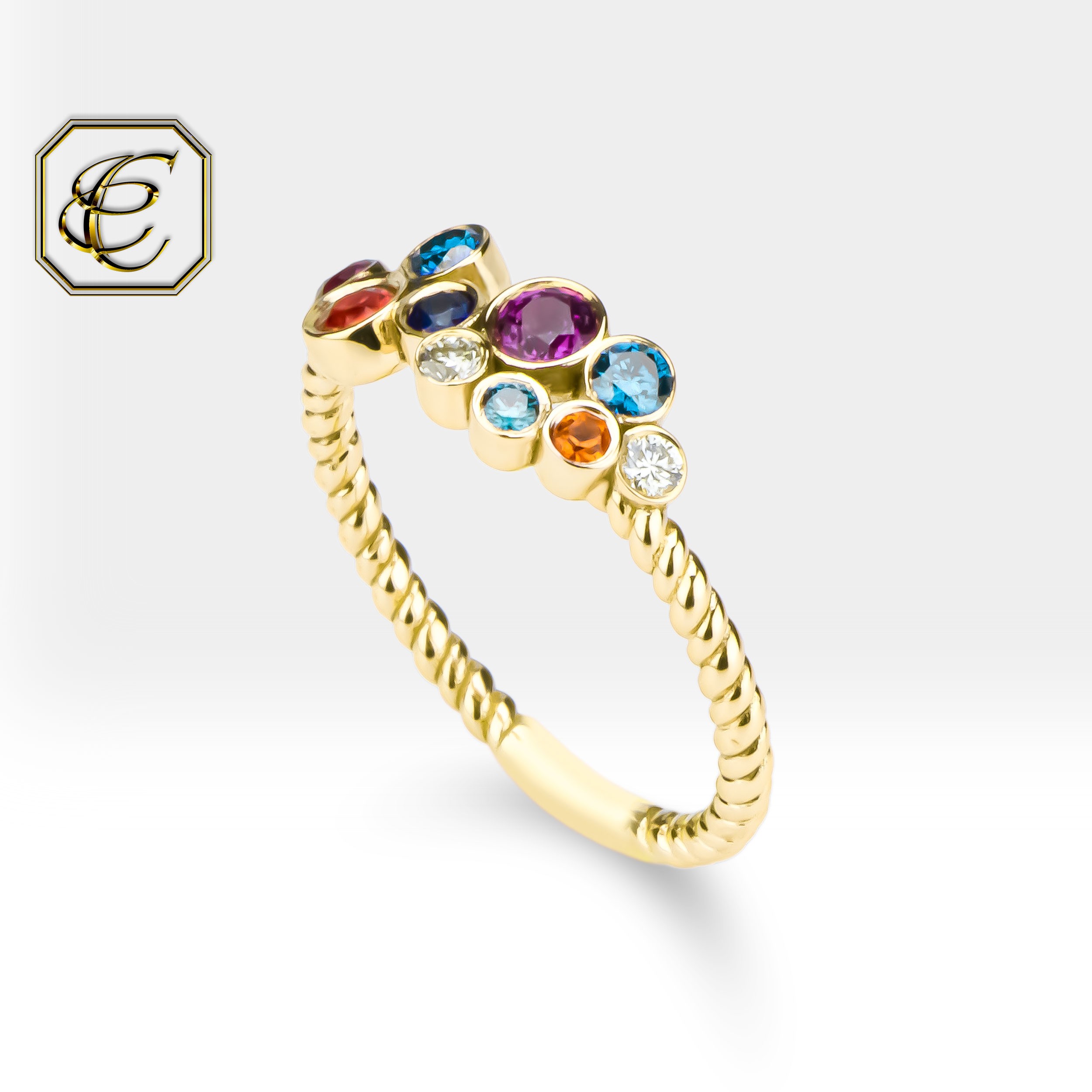 Colorful Diamond Ring in 14K Solid Gold