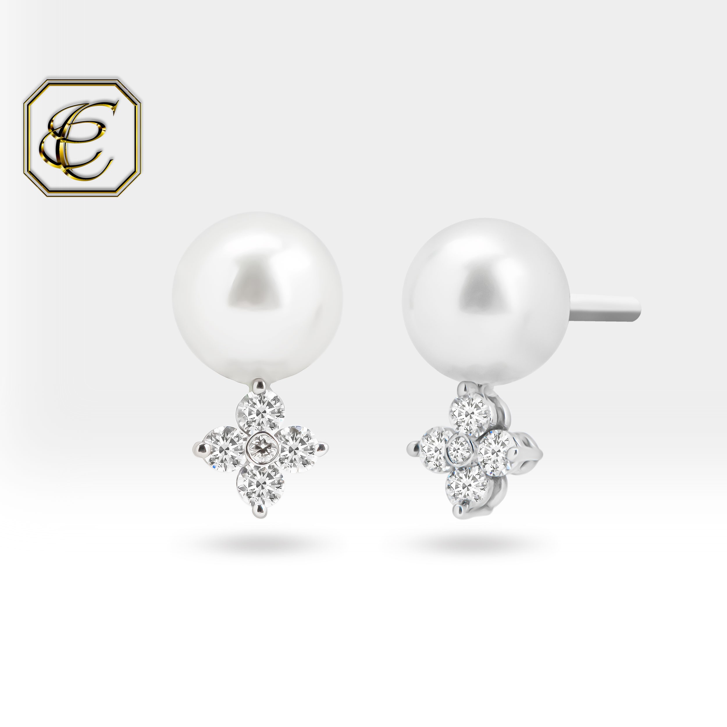 Diamond Clover Pearl Earrings