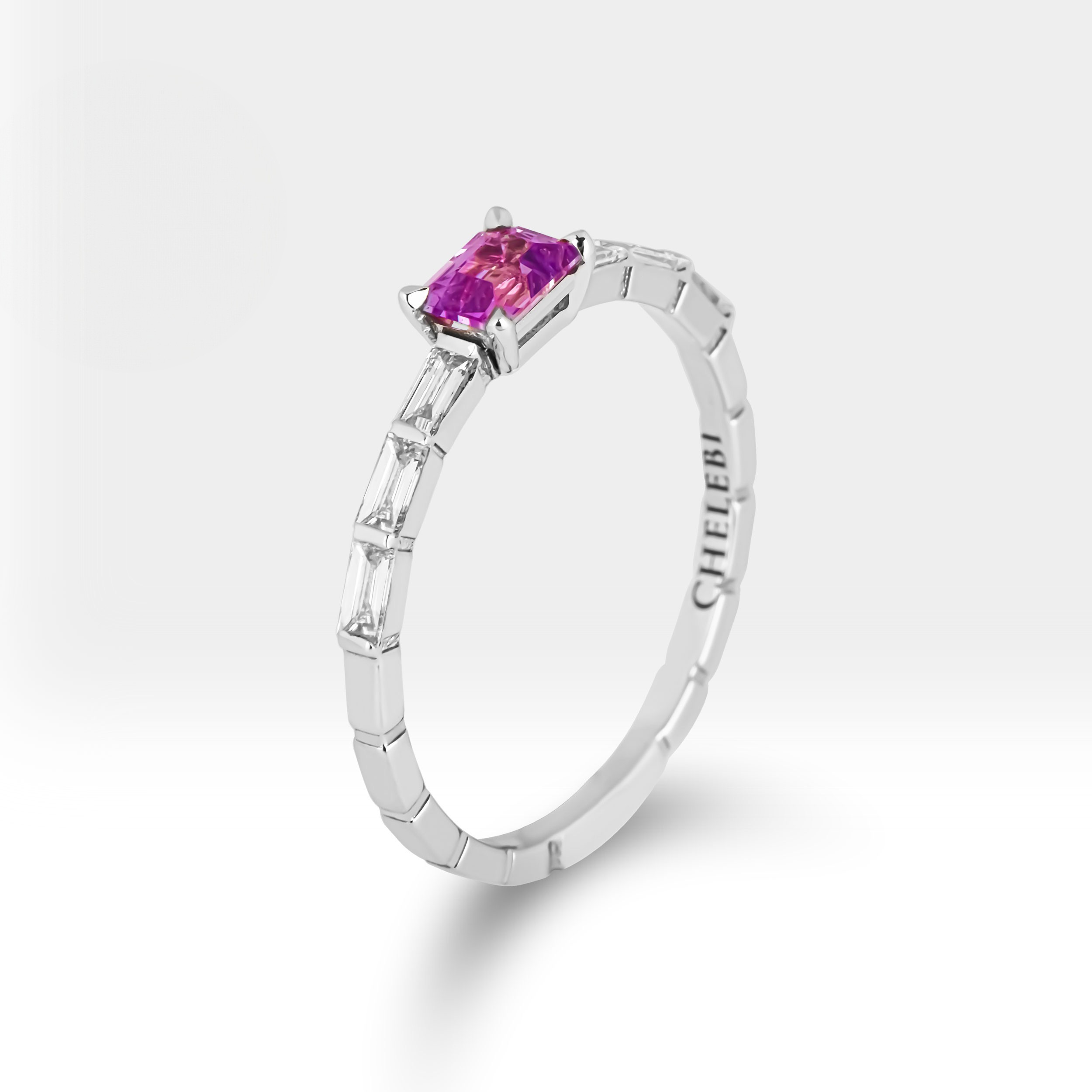 Pink Sapphire and Baguette Diamond Ring
