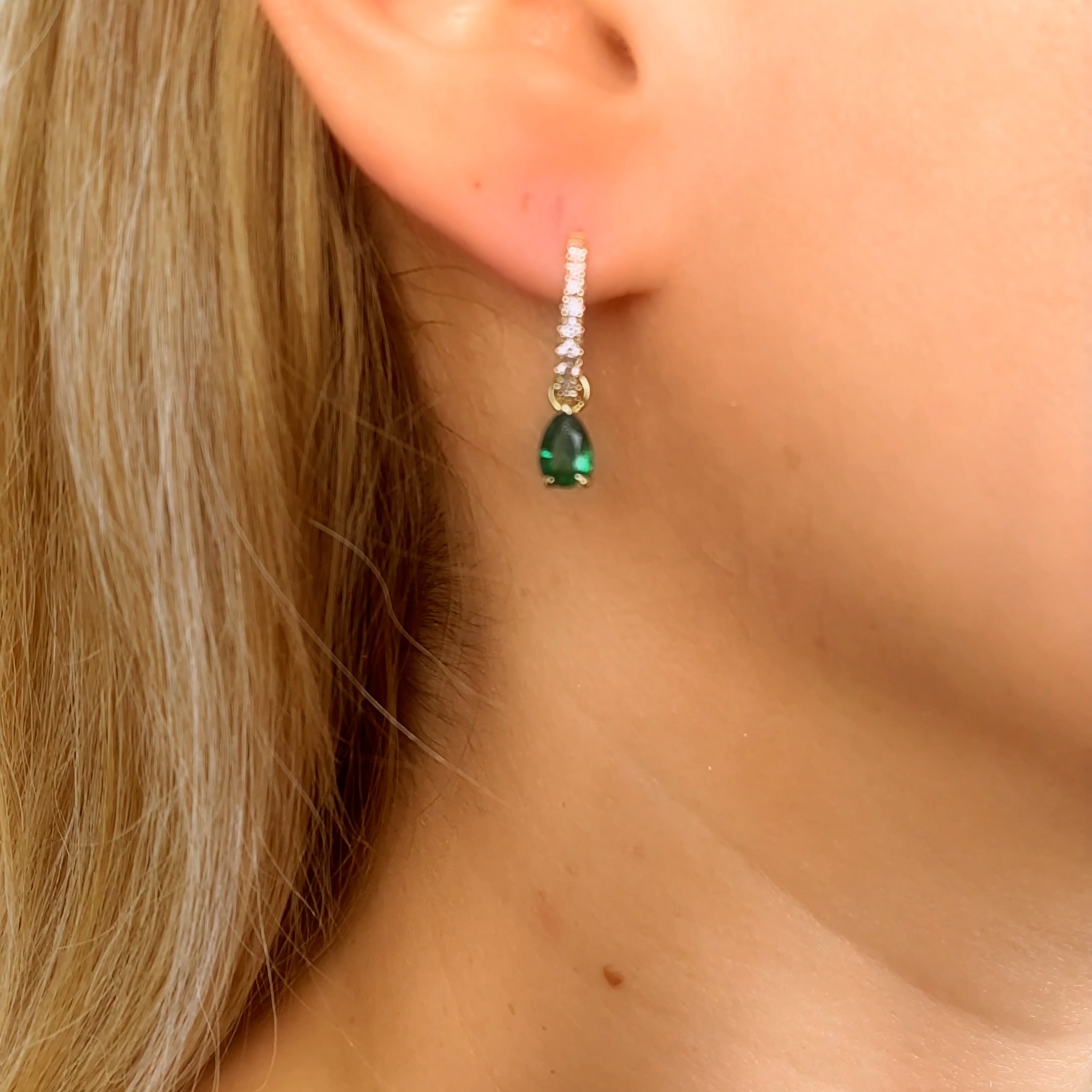 Emerald Dangle Earrings – 14K Gold Huggie Hoops with Diamonds