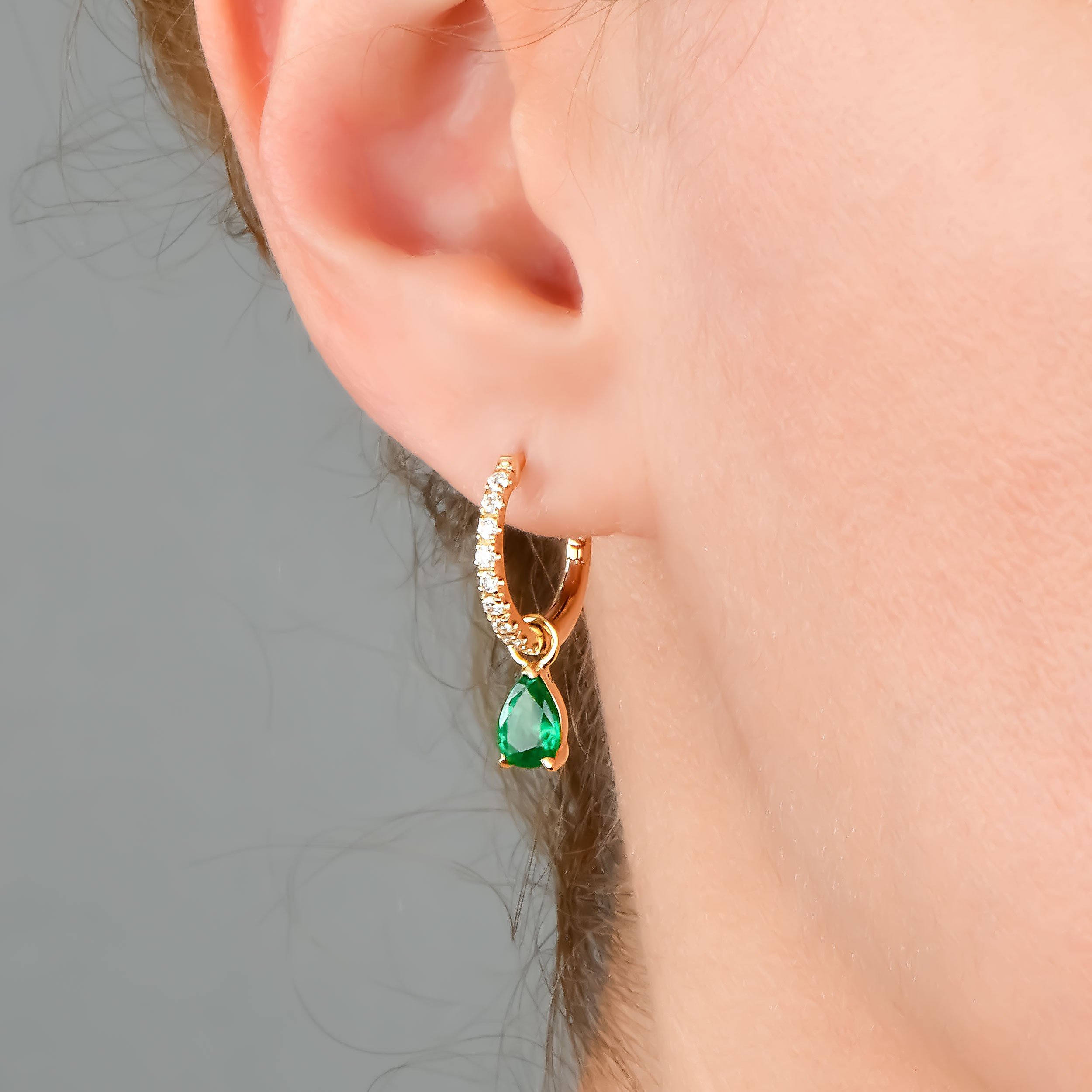 Emerald Dangle Earrings – 14K Gold Huggie Hoops with Diamonds